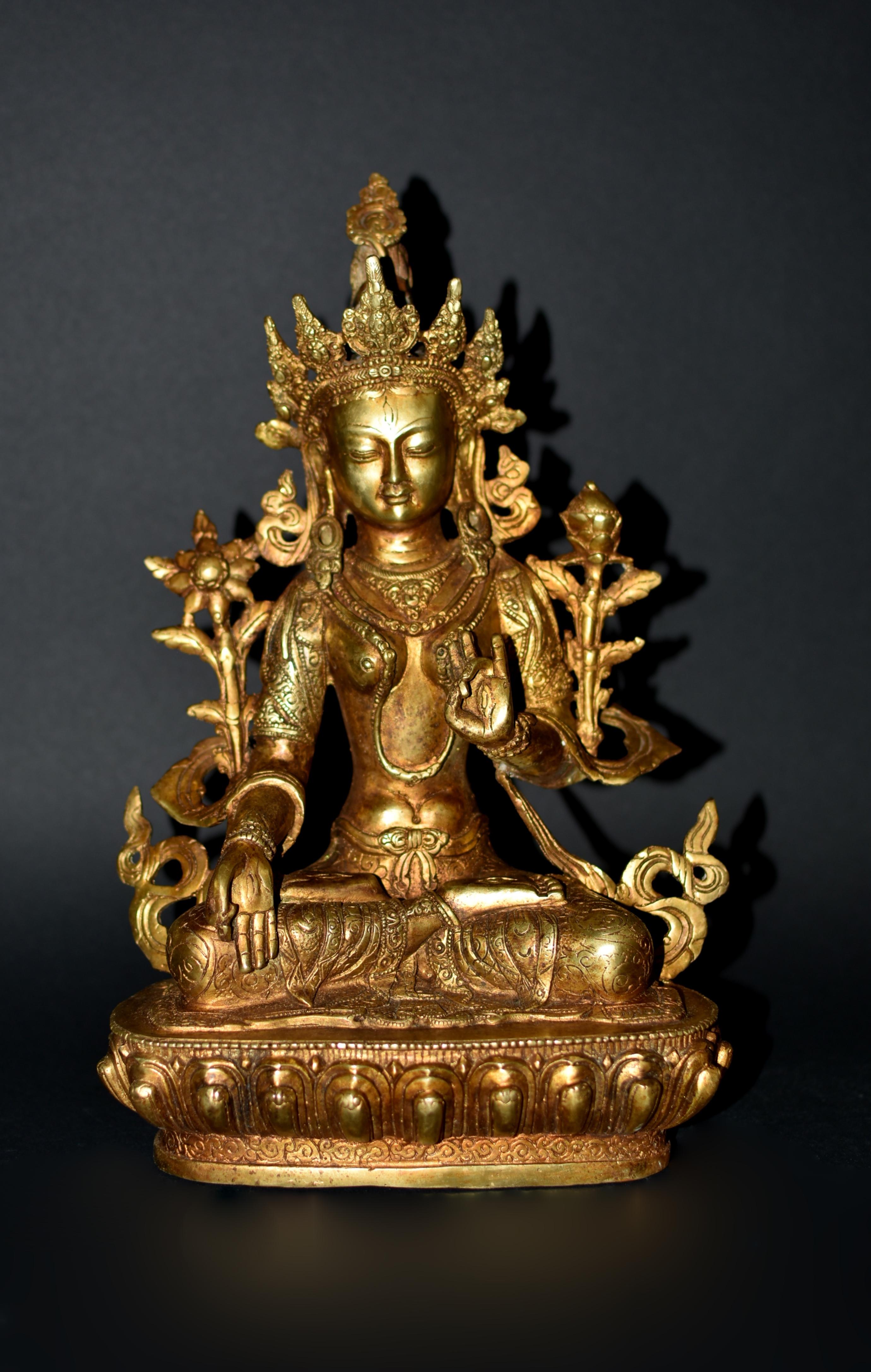A beautiful gilt bronze White Tara statue. The serene face with large downcast eyes under arched eyebrows above pursed lips, flanked by long earlobes, all under hair neatly tied and adorned with an elaborate crown. Extra eyes between the brows, on