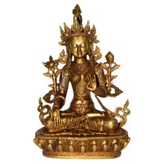 Statue de Tara blanche tibétaine en bronze doré 12".