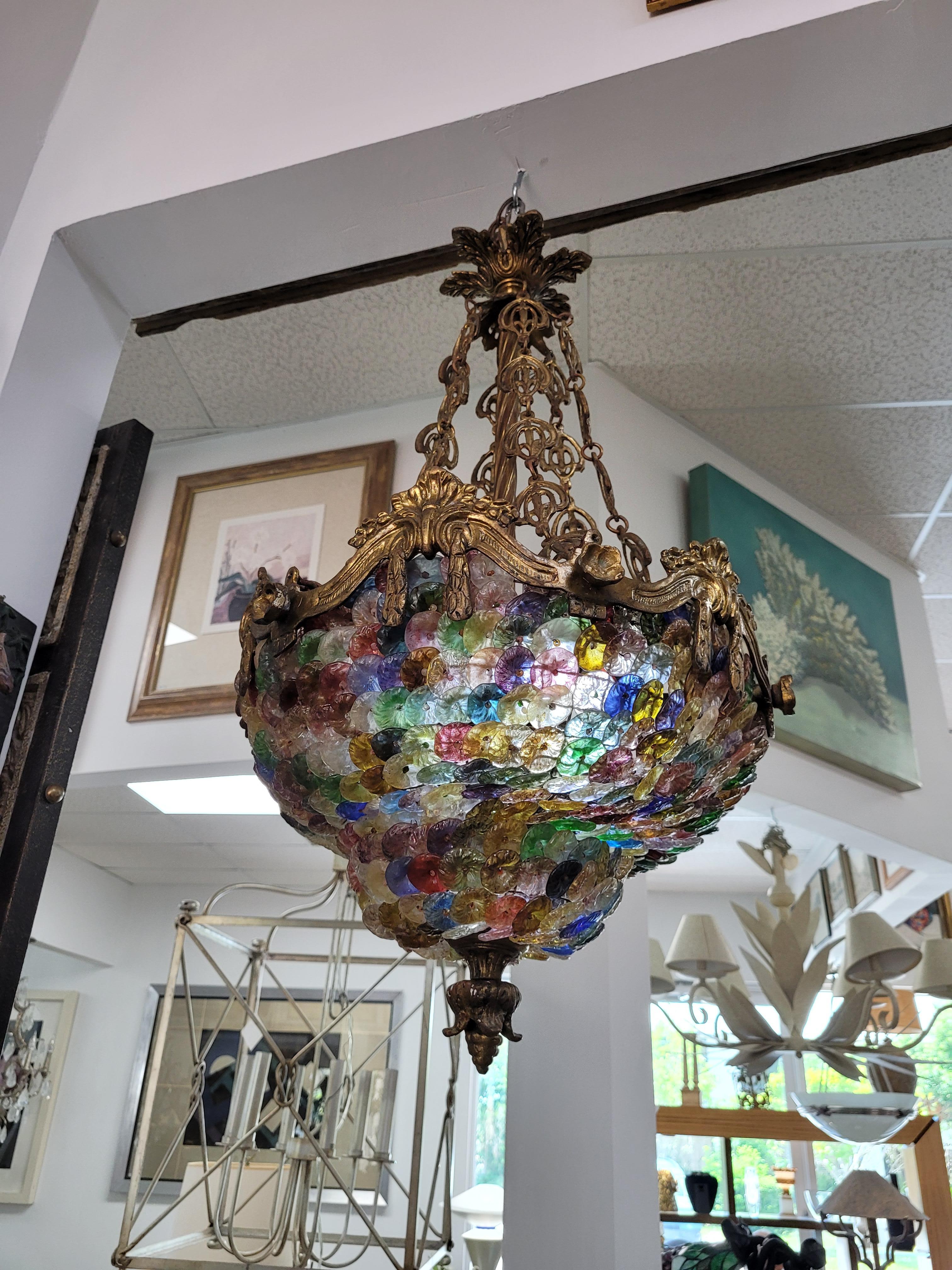 Italian Gilt Bronze Venetian Multi-Colored Glass Pastille Chandelier For Sale