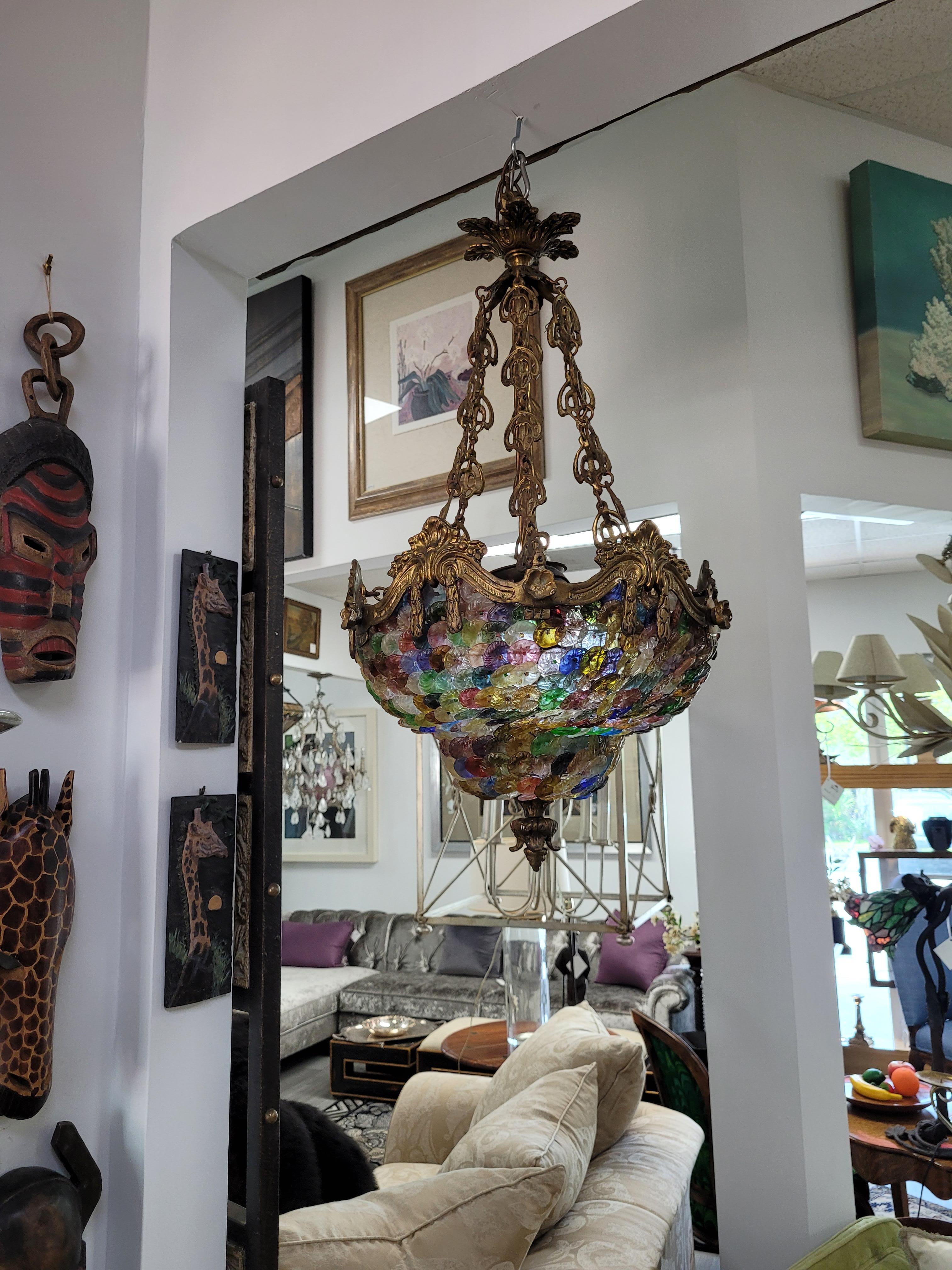 Baroque Gilt Bronze Venetian Multi-Colored Glass Pastille Chandelier For Sale