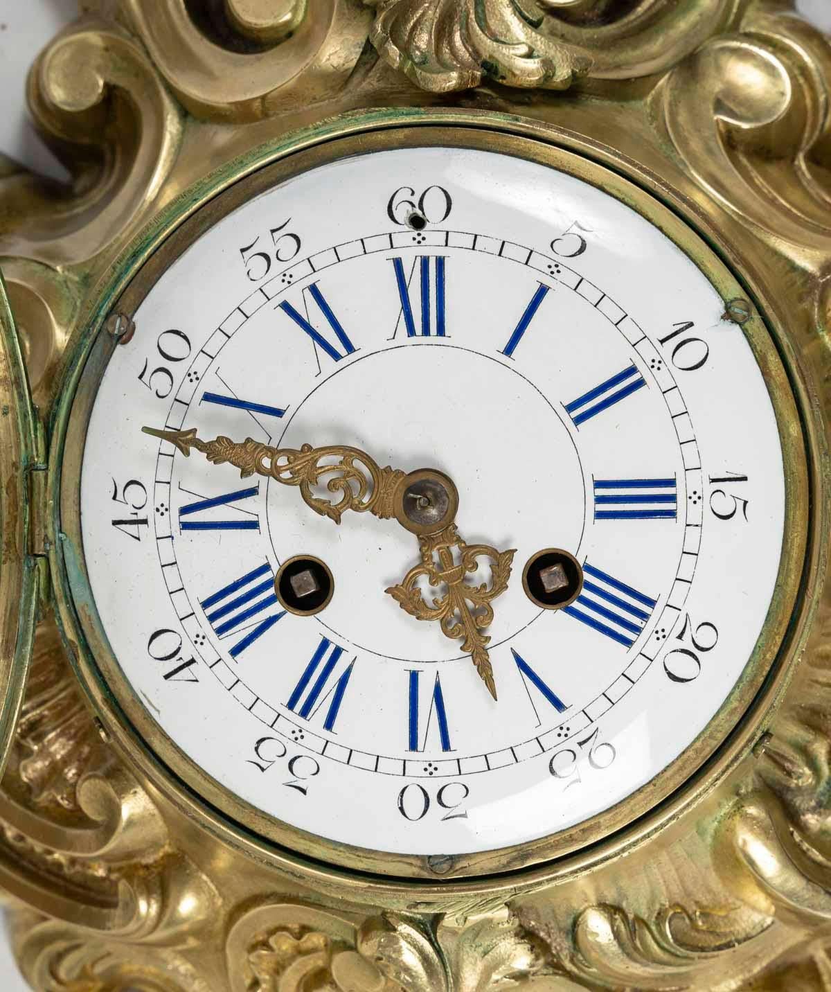 French Gilt Bronze Wall Clock, Louis XV Style, Early 20th Century. For Sale