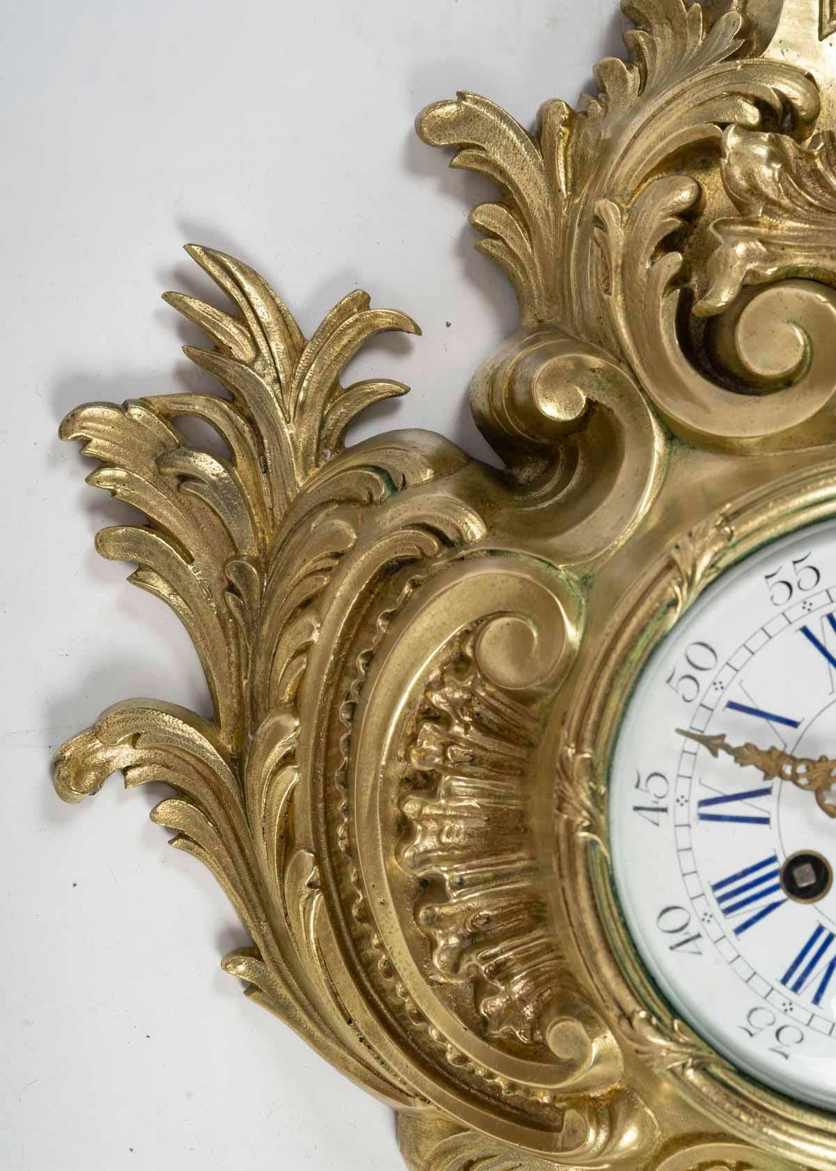 Gilt Bronze Wall Clock, Louis XV Style, Early 20th Century. For Sale 2
