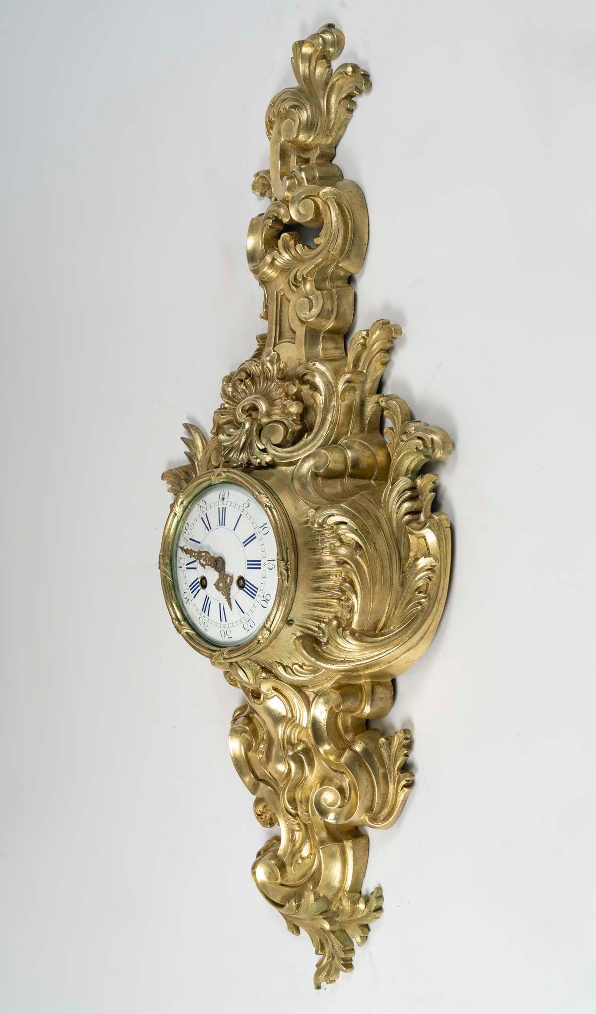 Gilt Bronze Wall Clock, Louis XV Style, Early 20th Century. For Sale 3