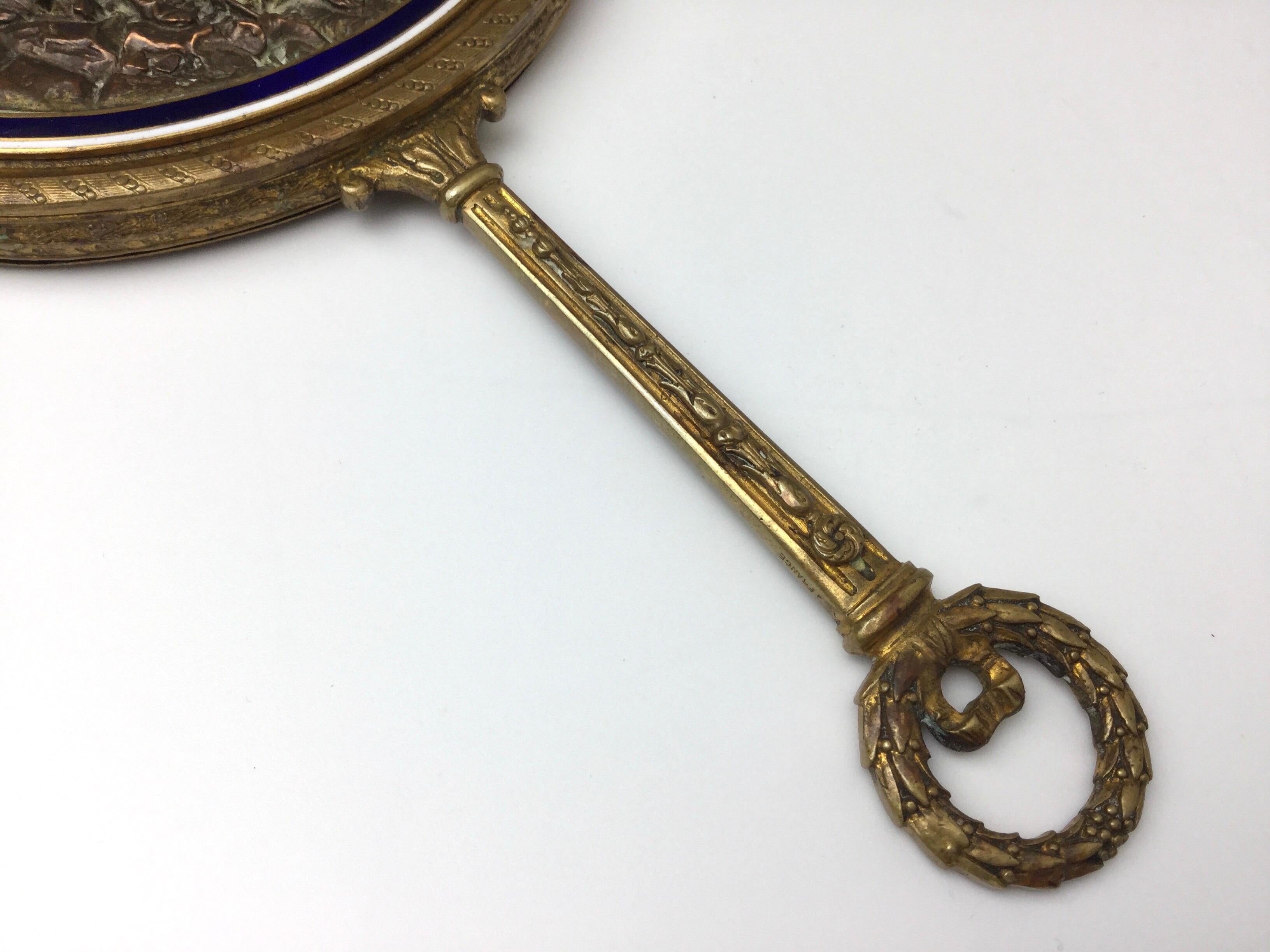 Louis XV Gilt Bronze with Enamel French Hand Mirror For Sale