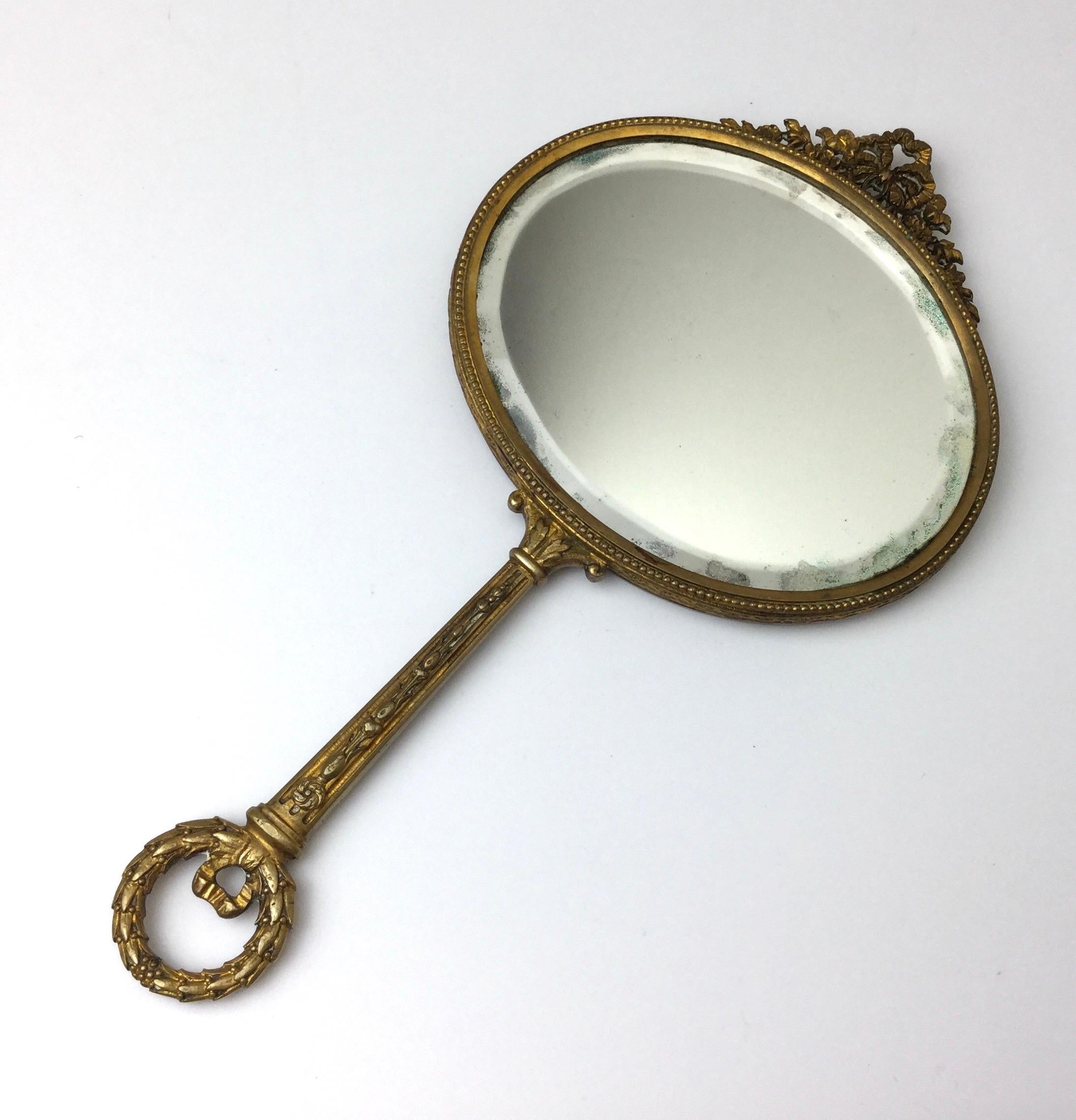 Beveled Gilt Bronze with Enamel French Hand Mirror For Sale