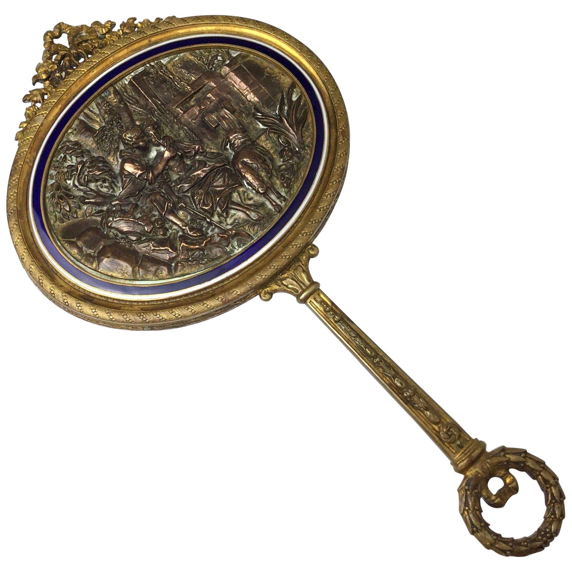 Gilt Bronze with Enamel French Hand Mirror For Sale
