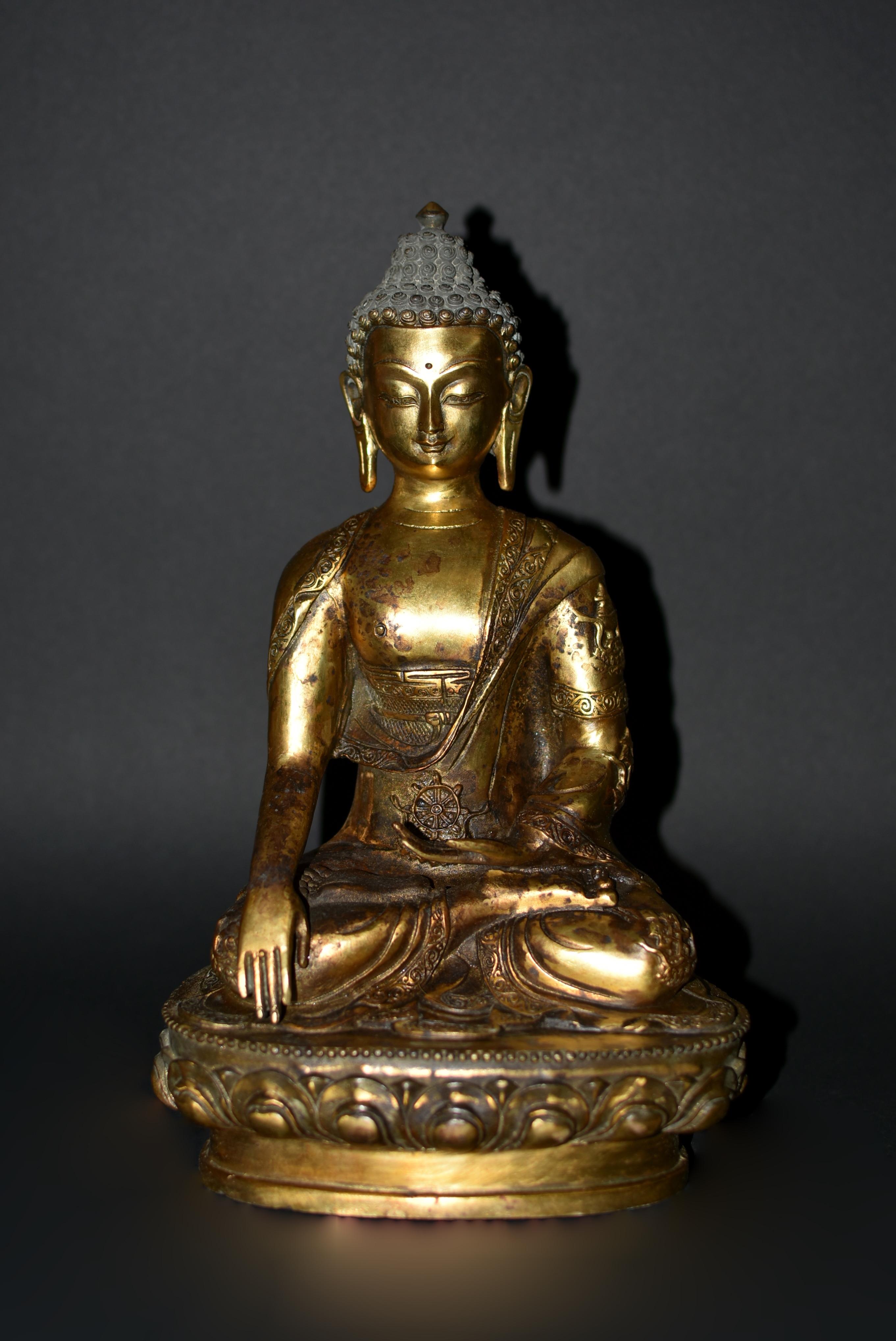 An antique gilt bronze statue of young Buddha Shakyamuni. Seated on a lotus throne in dhyana with his right hand reaching for earth in bhumiparsa mudra, wearing an embroidered robe that wraps around his body and tucked under his legs, exposing his