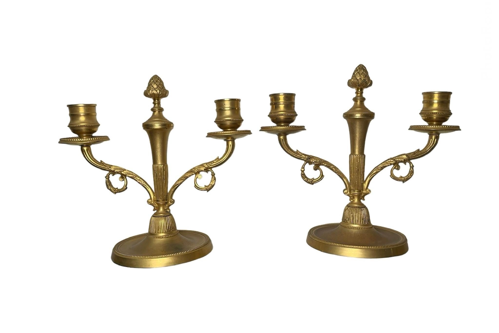 Neoclassical Gilt Bronzed Metal Double Candle Holders For Sale