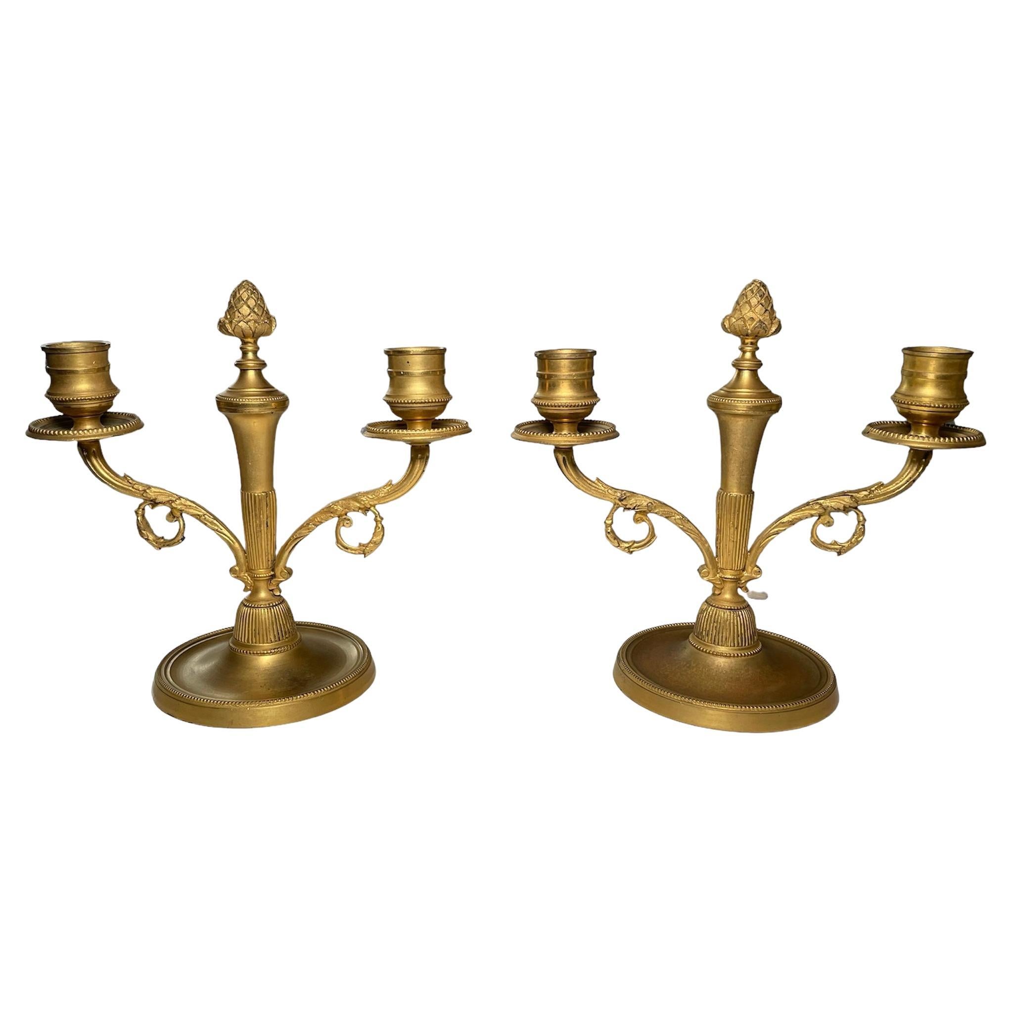 Gilt Bronzed Metal Double Candle Holders For Sale