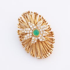 Broche brutaliste dorée en forme de brûle avec cabochon en cristal Pav et jade, années 1960