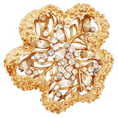 Gilt Brutalist Openwork Flower Brooch With Crystals By Coro, 1960s