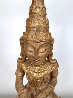 Gilt Buddha Table Lamp with Original Shade Attributed to James Mont, 1950s