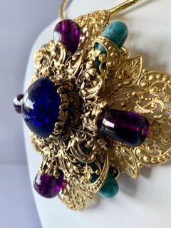 Gilt Byzantine Style Jeweled Blue, Purple, and Turquoise Necklace/Brooch