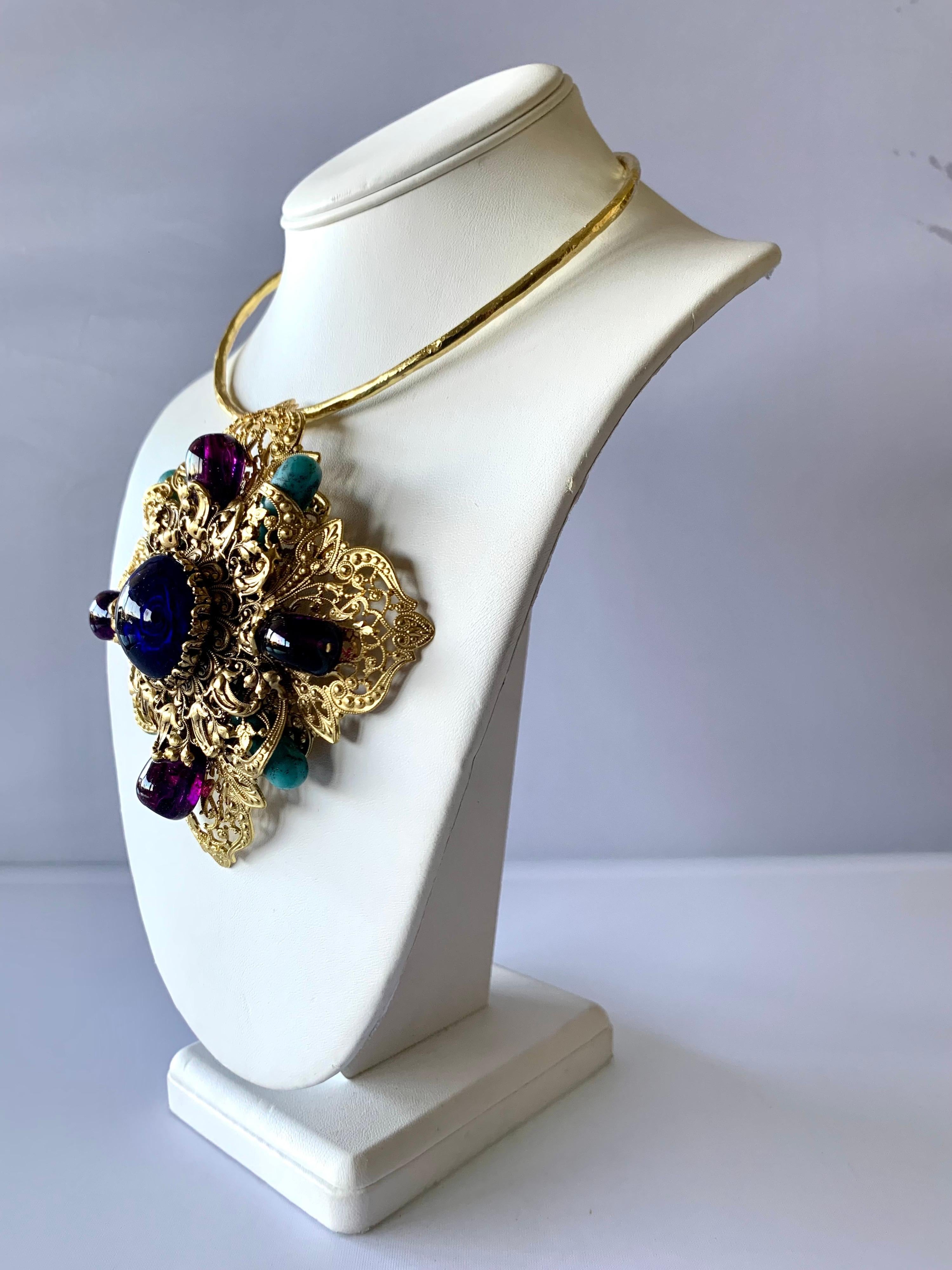 Gilt Byzantine Style Jeweled Blue, Purple, and Turquoise Necklace/Brooch In Excellent Condition In Palm Springs, CA