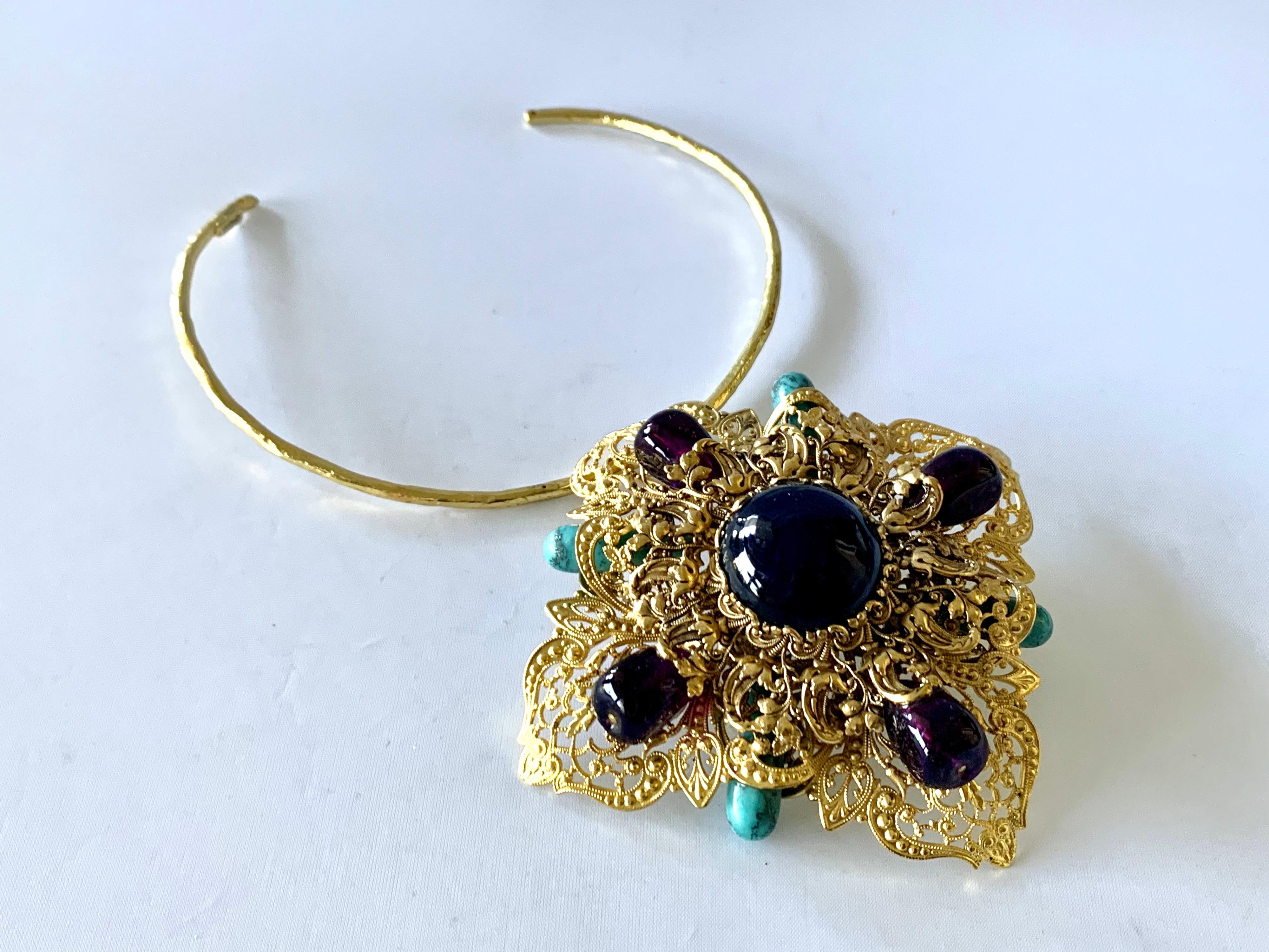 Women's Gilt Byzantine Style Jeweled Blue, Purple, and Turquoise Necklace/Brooch