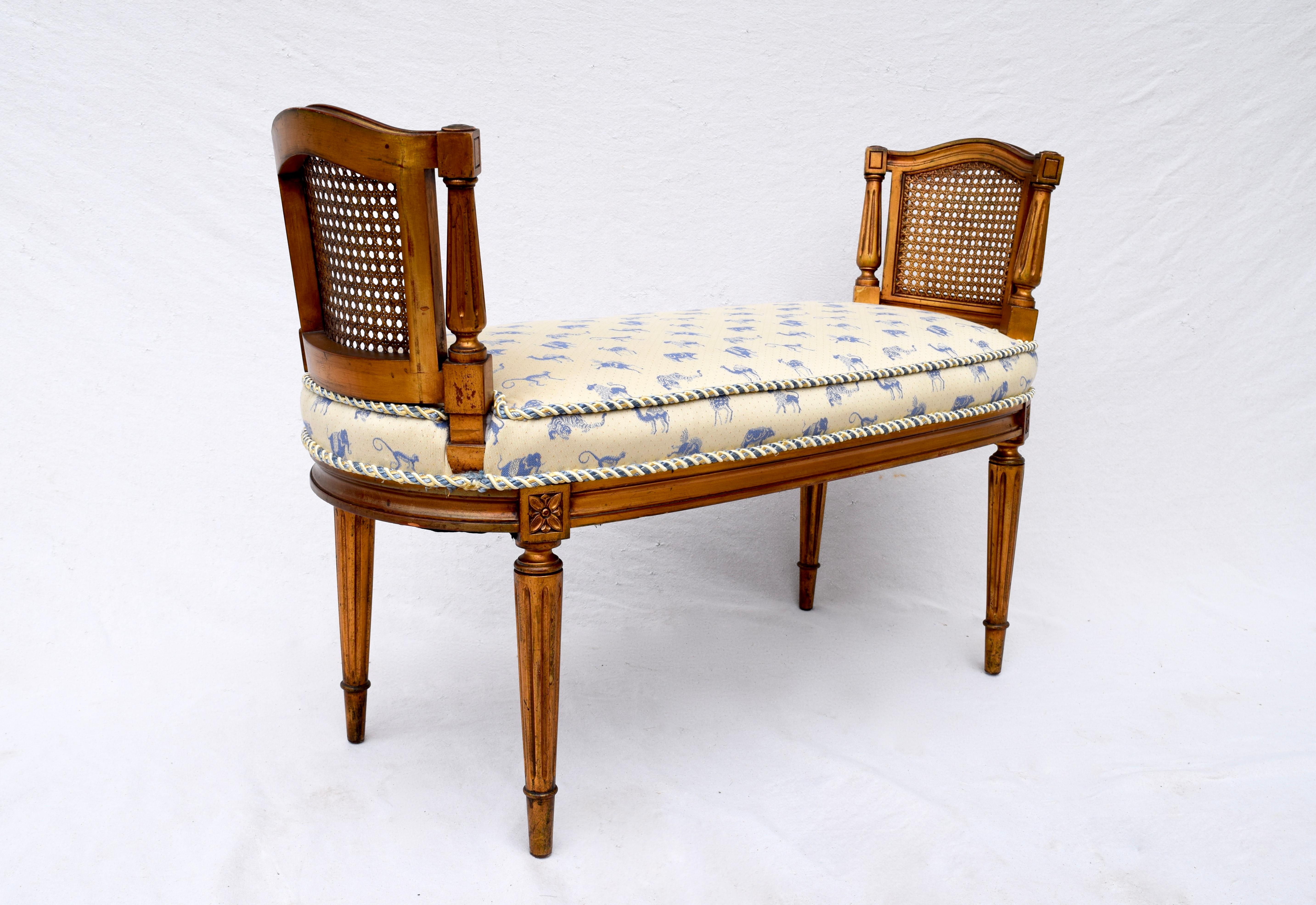 Upholstery Gilt Caned Louis XVI Style Window Bench