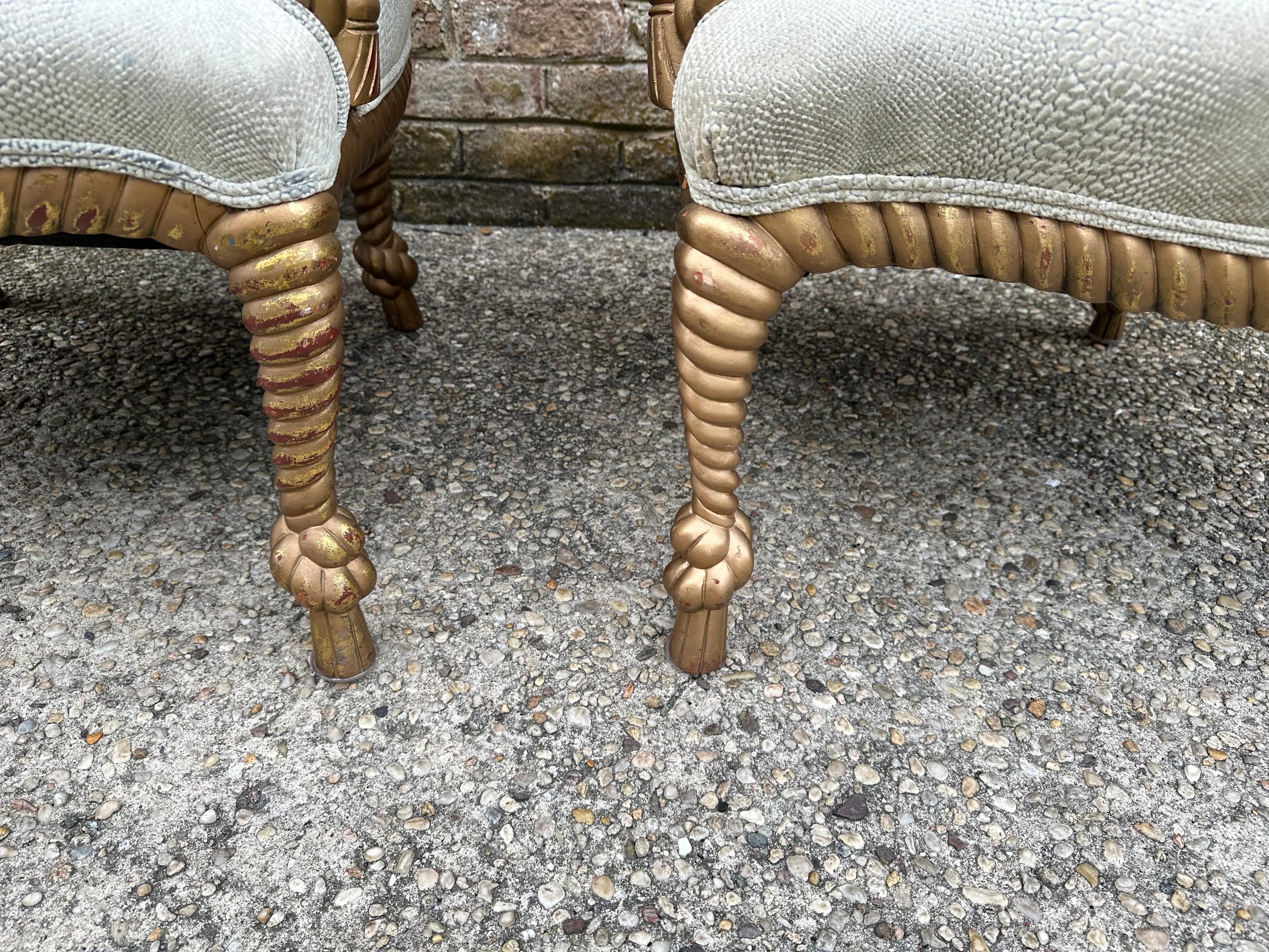 Wood Gilt Carved Rope Armchairs For Sale
