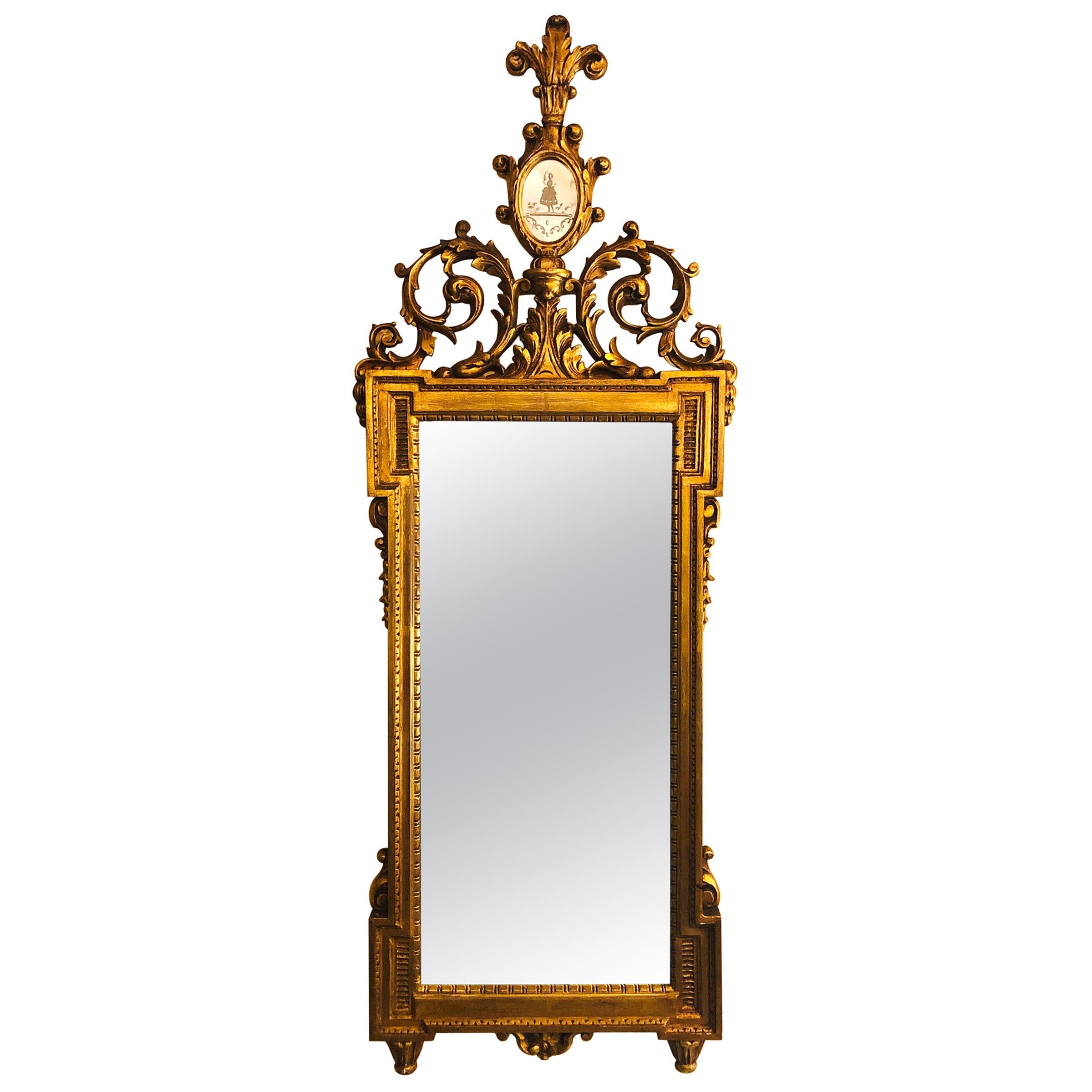 Gilt Carved Wall, Console or Table Mirror with High Open Fleur-de-Lis Pediment For Sale