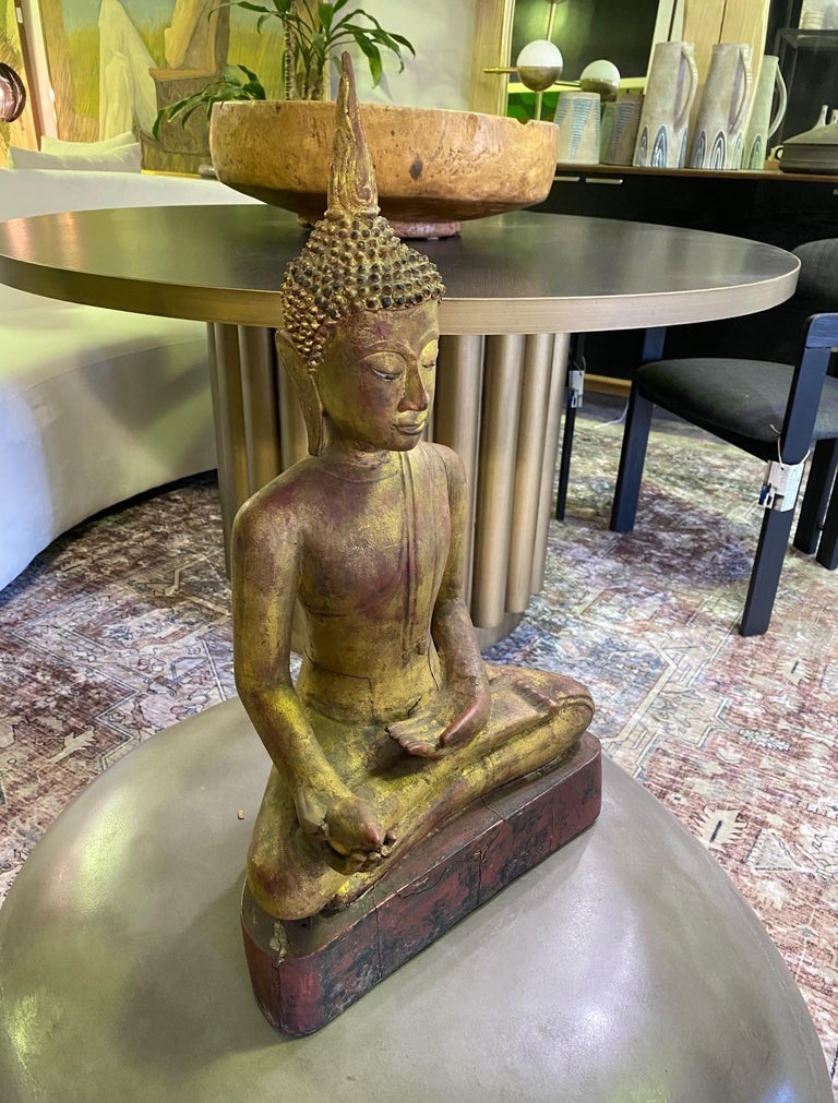 Gilt Carved Wood Gilt Seated Temple Shrine Thai Siam Asian Serene Buddha For Sale 9