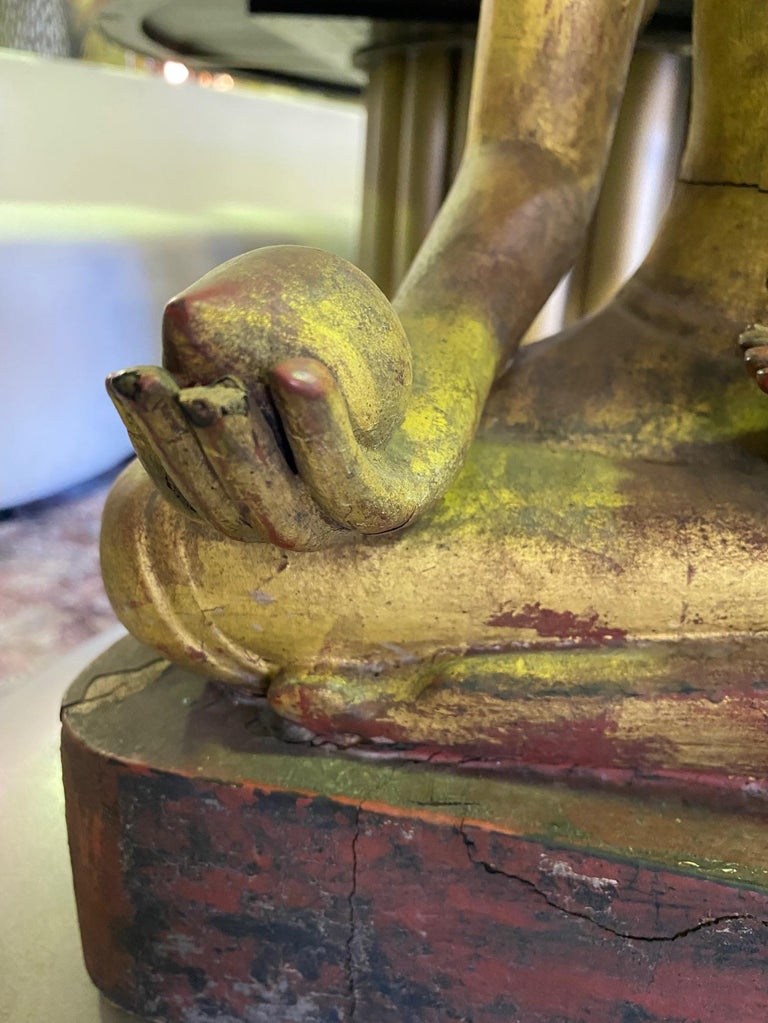 20th Century Gilt Carved Wood Gilt Seated Temple Shrine Thai Siam Asian Serene Buddha For Sale