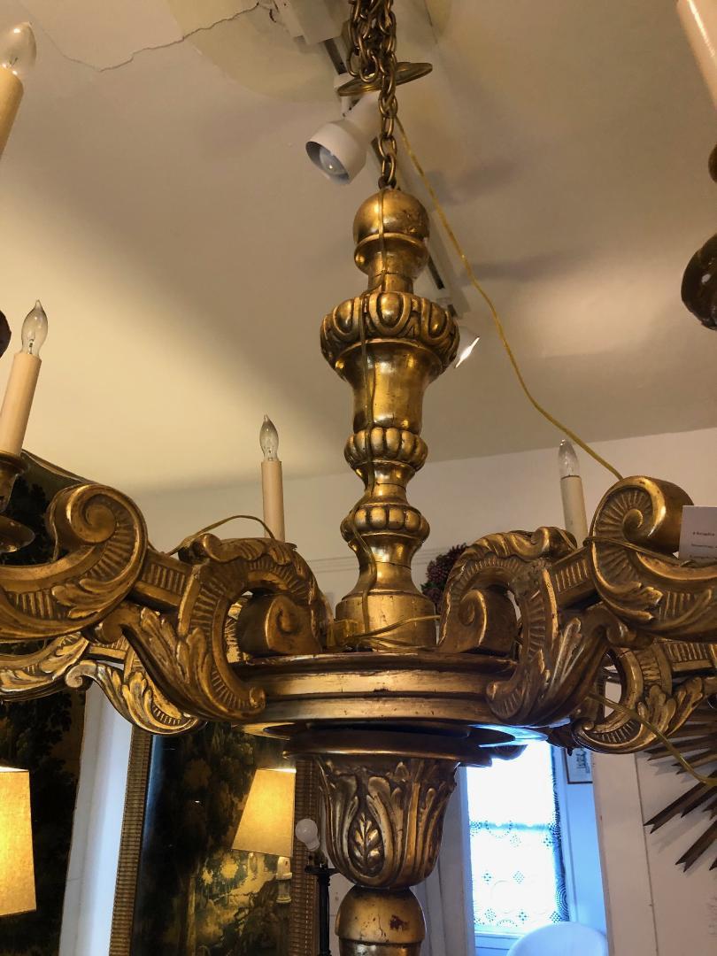 19th Century Gilt Carved Wood Six-Arm Chandelier For Sale