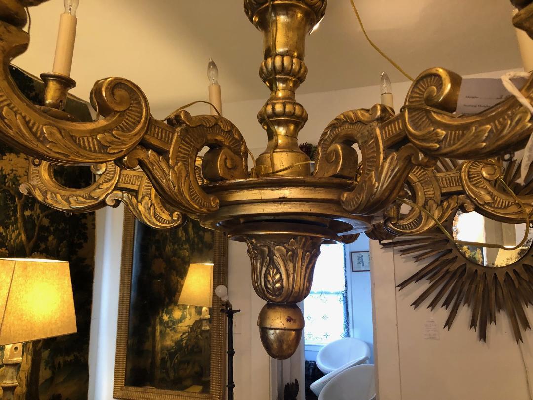 Gilt Carved Wood Six-Arm Chandelier For Sale 2