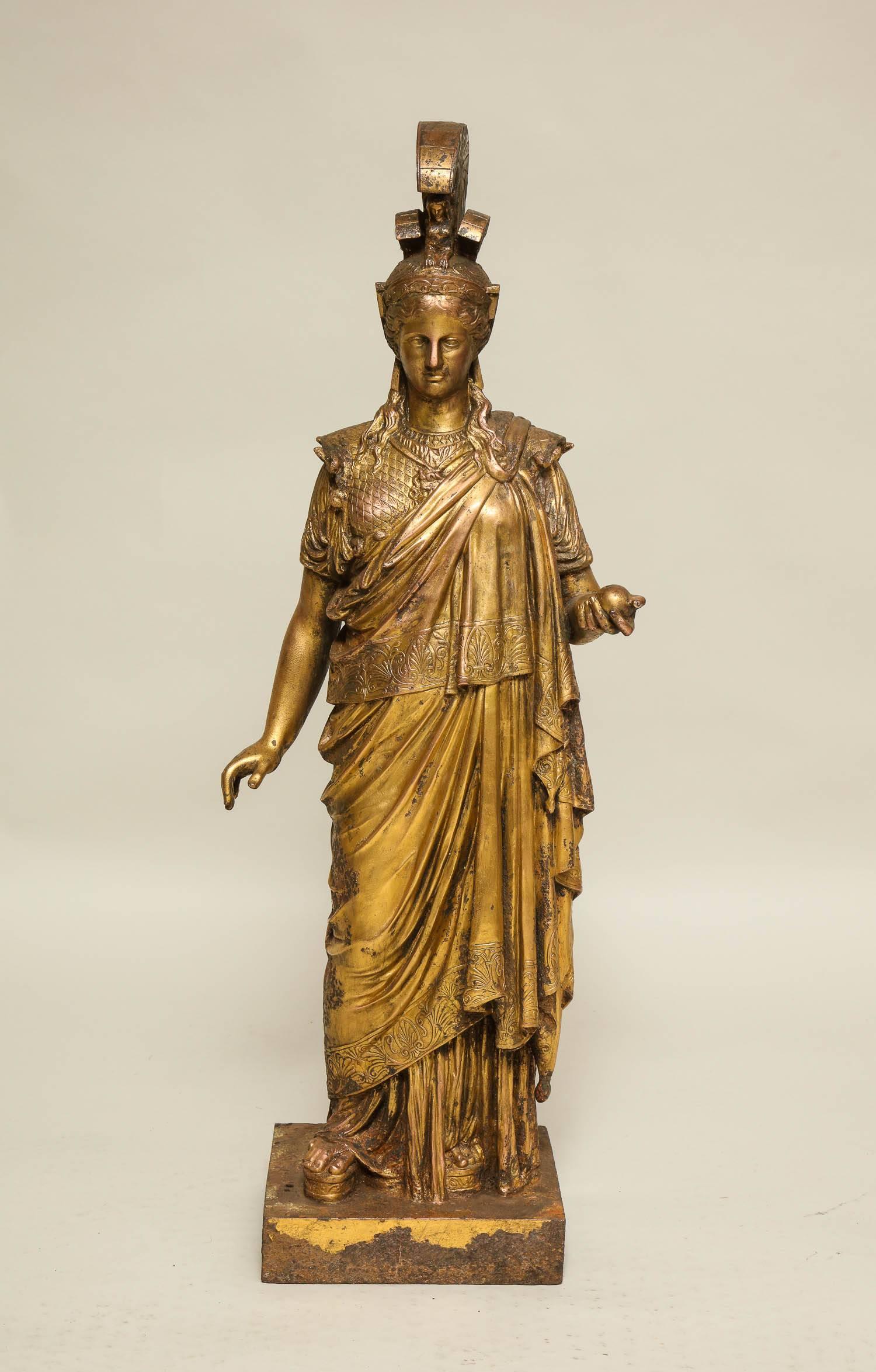 Very fine neoclassical gilt cast iron sculpture of Athena, similar to an example outside Vienna's Palace of Justice, but most unusually cast in very finely detailed cast iron, then copper plated and finally gilded. The surface pitted from use