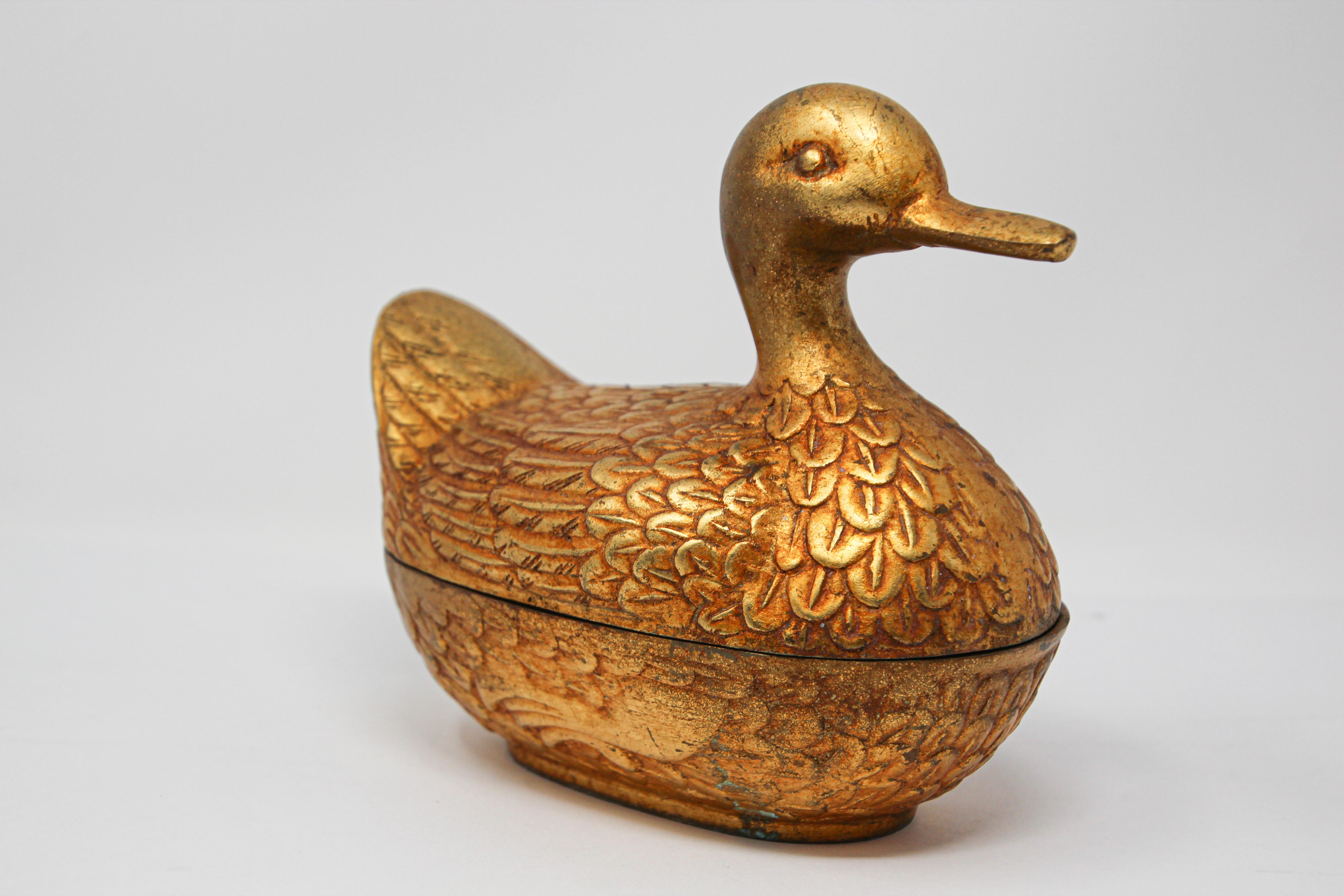 Folk Art Gilt Cast Metal Duck Form Lidded Decorative Box