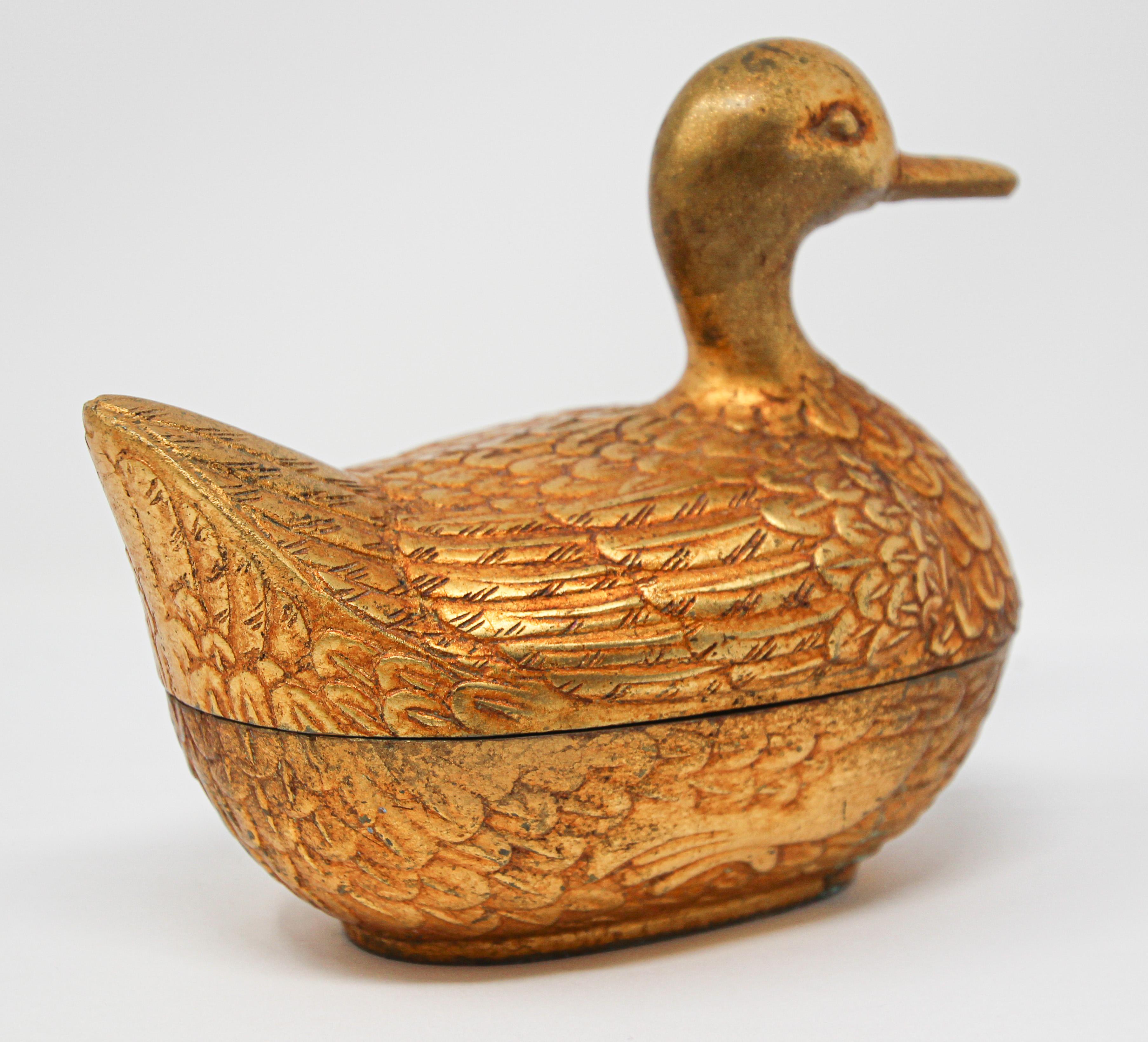Gilt Cast Metal Duck Form Lidded Decorative Box In Good Condition In North Hollywood, CA