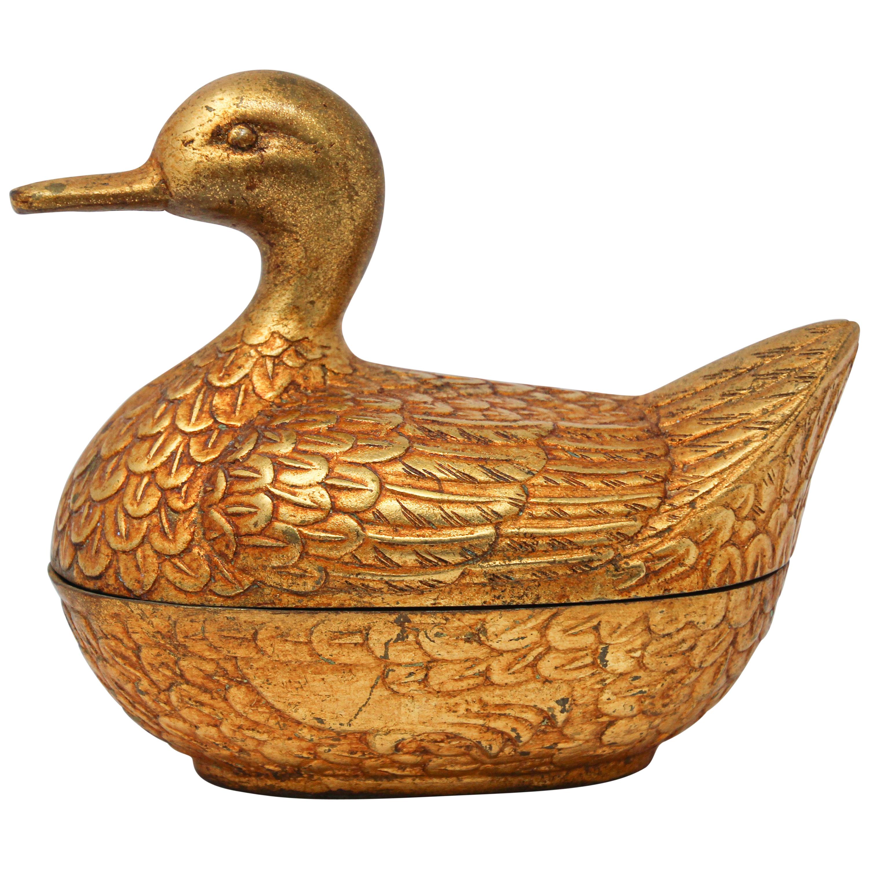 Gilt Cast Metal Duck Form Lidded Decorative Box