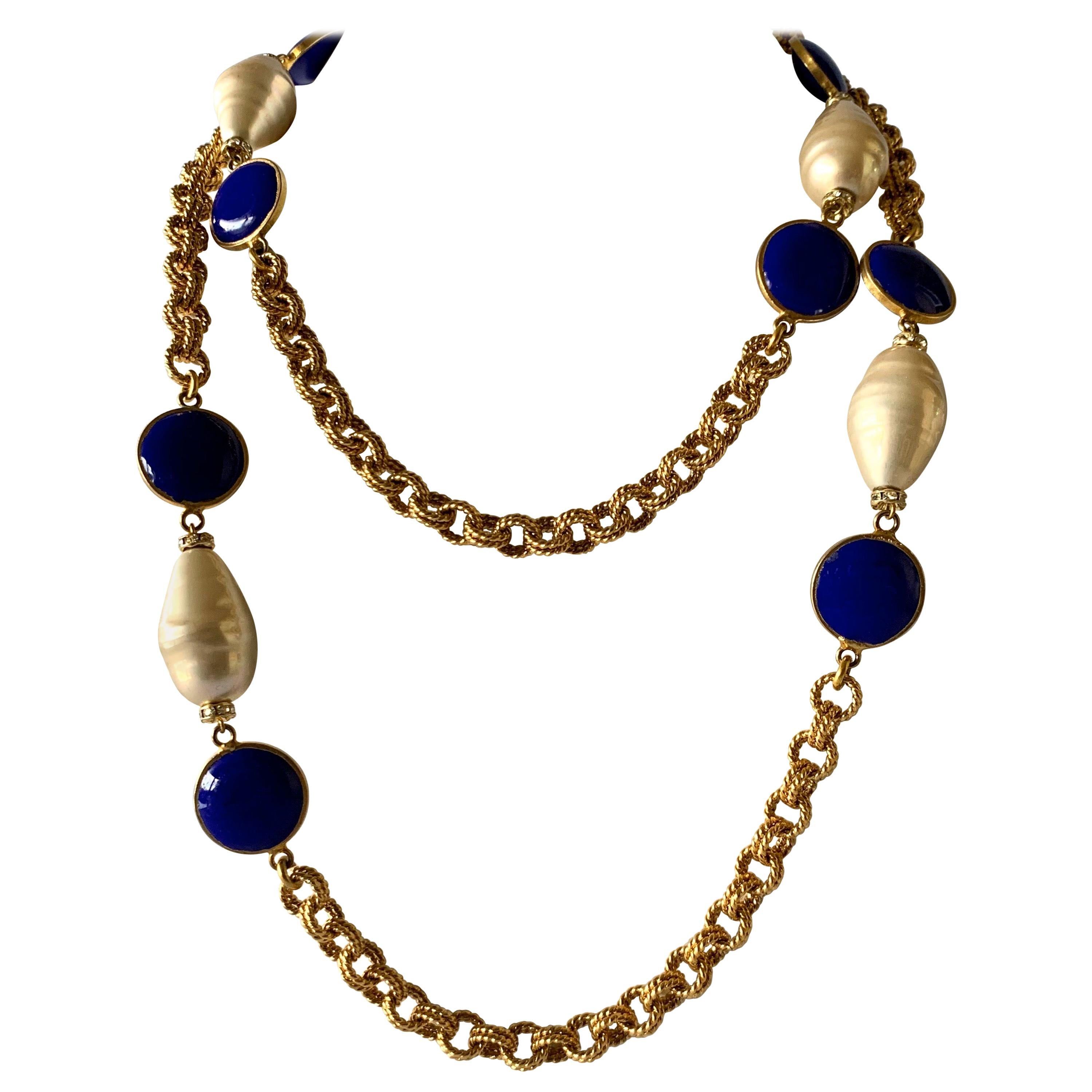 Blue "Pate de Verre" and Pearl Gold Necklace
