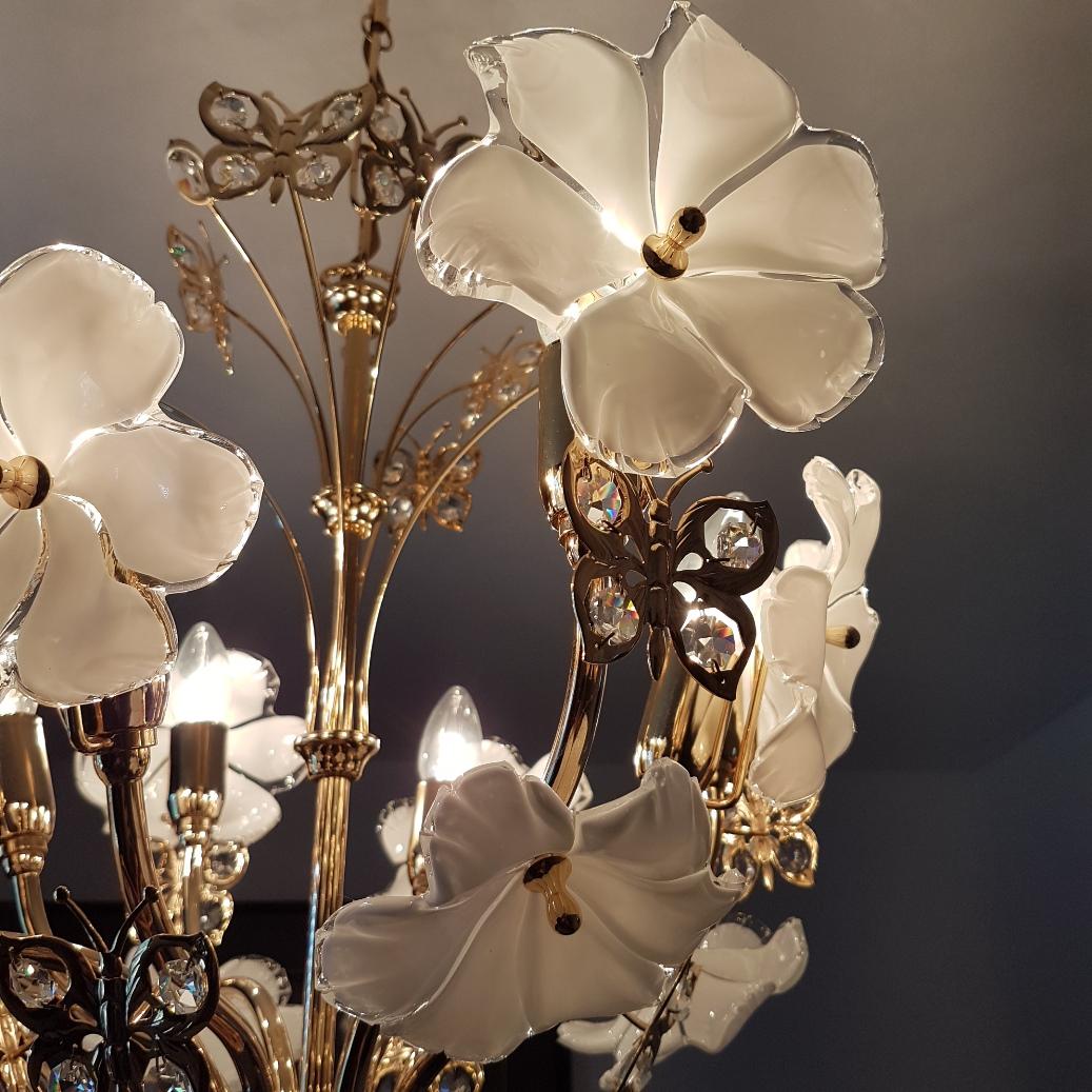 Gilt Chandelier with Murano Glass Flowers and Swarovski Crystals by Murano, 1990 For Sale 3