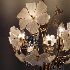 Gilt Chandelier with Murano Glass Flowers and Swarovski Crystals by Murano, 1990