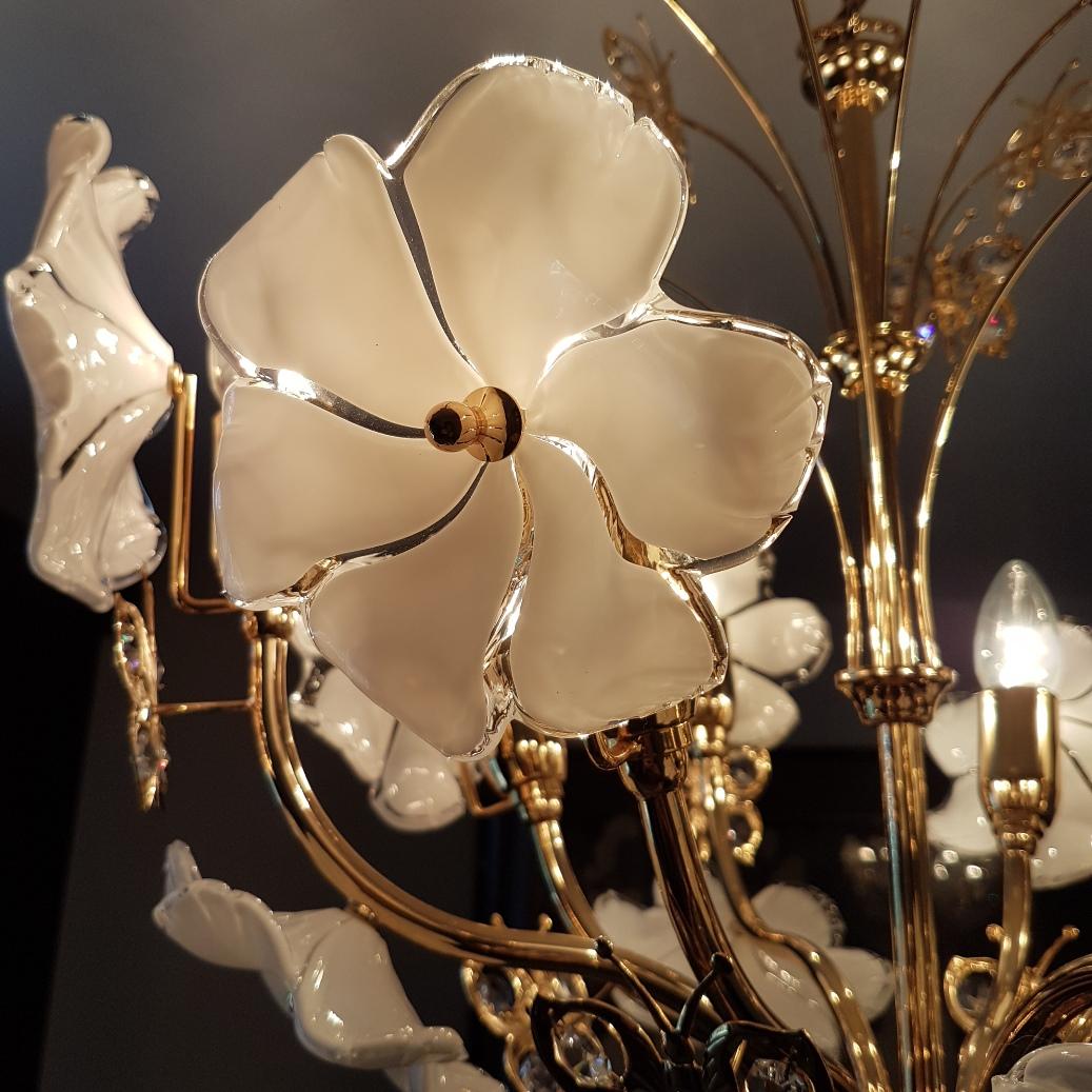 Metal Gilt Chandelier with Murano Glass Flowers and Swarovski Crystals by Murano, 1990 For Sale