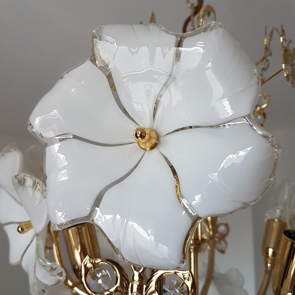 Gilt Chandelier with Murano Glass Flowers and Swarovski Crystals by Murano, 1990 For Sale 1