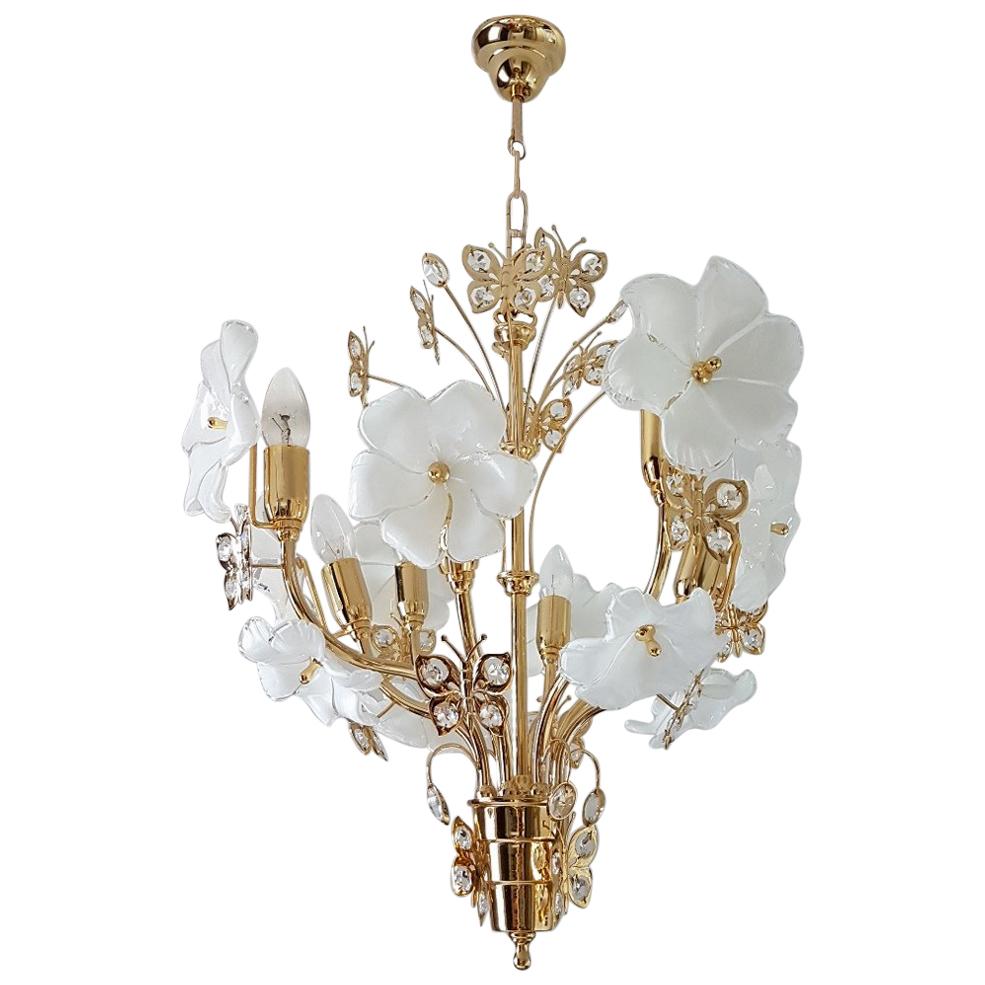 Gilt Chandelier with Murano Glass Flowers and Swarovski Crystals by Murano, 1990 For Sale
