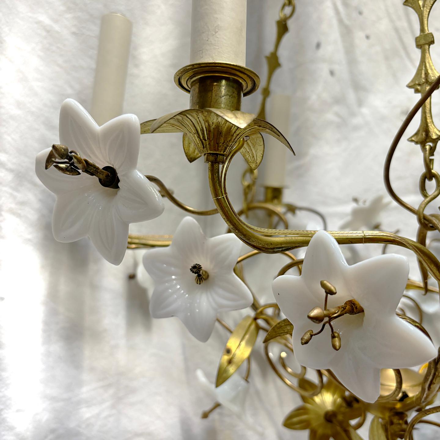 A circa 1900 French six-arm chandelier with opaline glass flowers on body. 

Measurements:
Height: 31