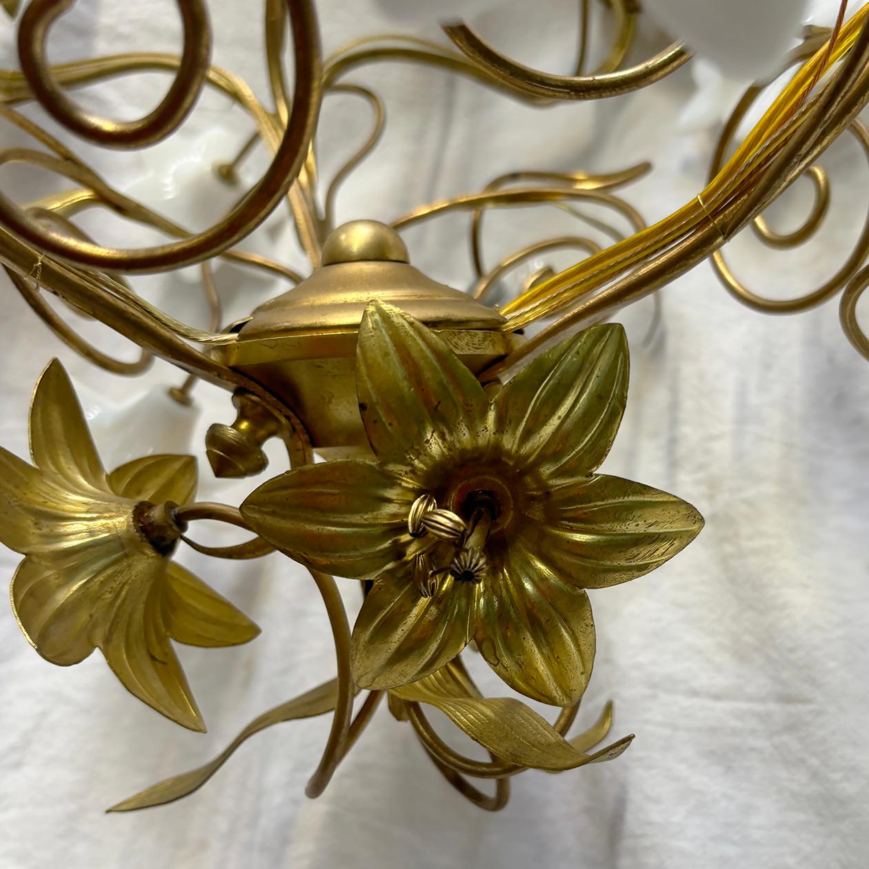 French Gilt Chandelier with Opaline Glass Flowers For Sale