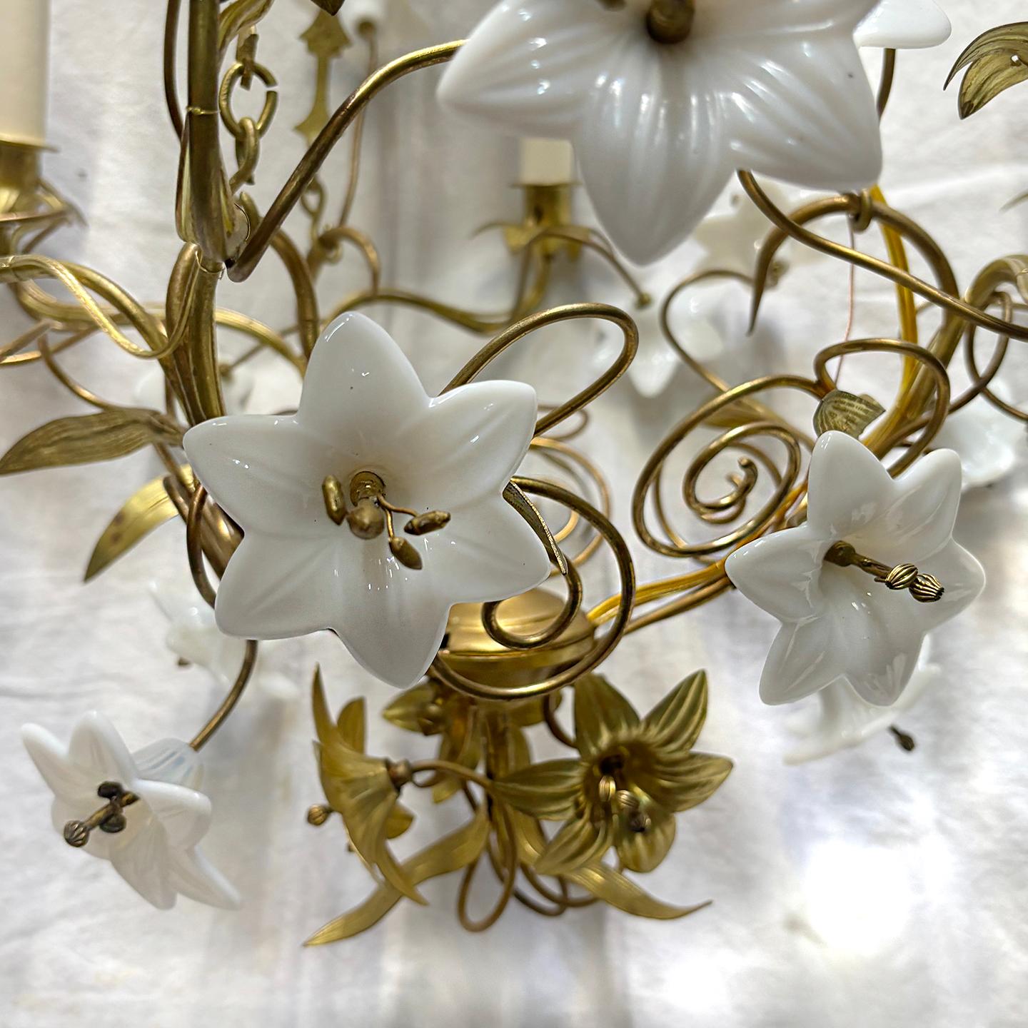 Gilt Chandelier with Opaline Glass Flowers In Good Condition For Sale In New York, NY
