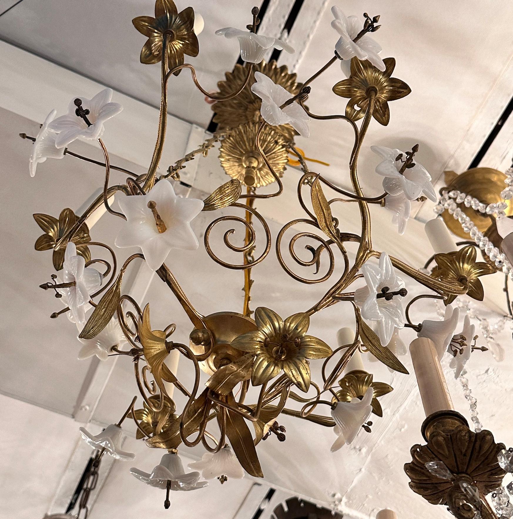 Gilt Chandelier with Opaline Glass Flowers For Sale 2