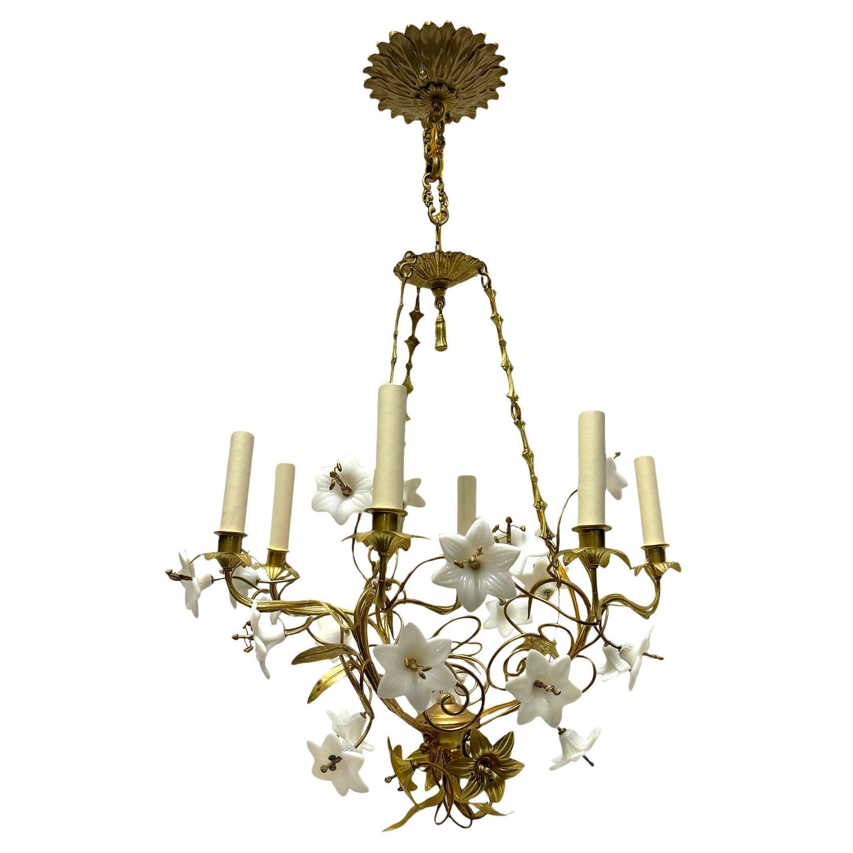 Gilt Chandelier with Opaline Glass Flowers For Sale