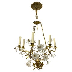 Antique Gilt Chandelier with Opaline Glass Flowers