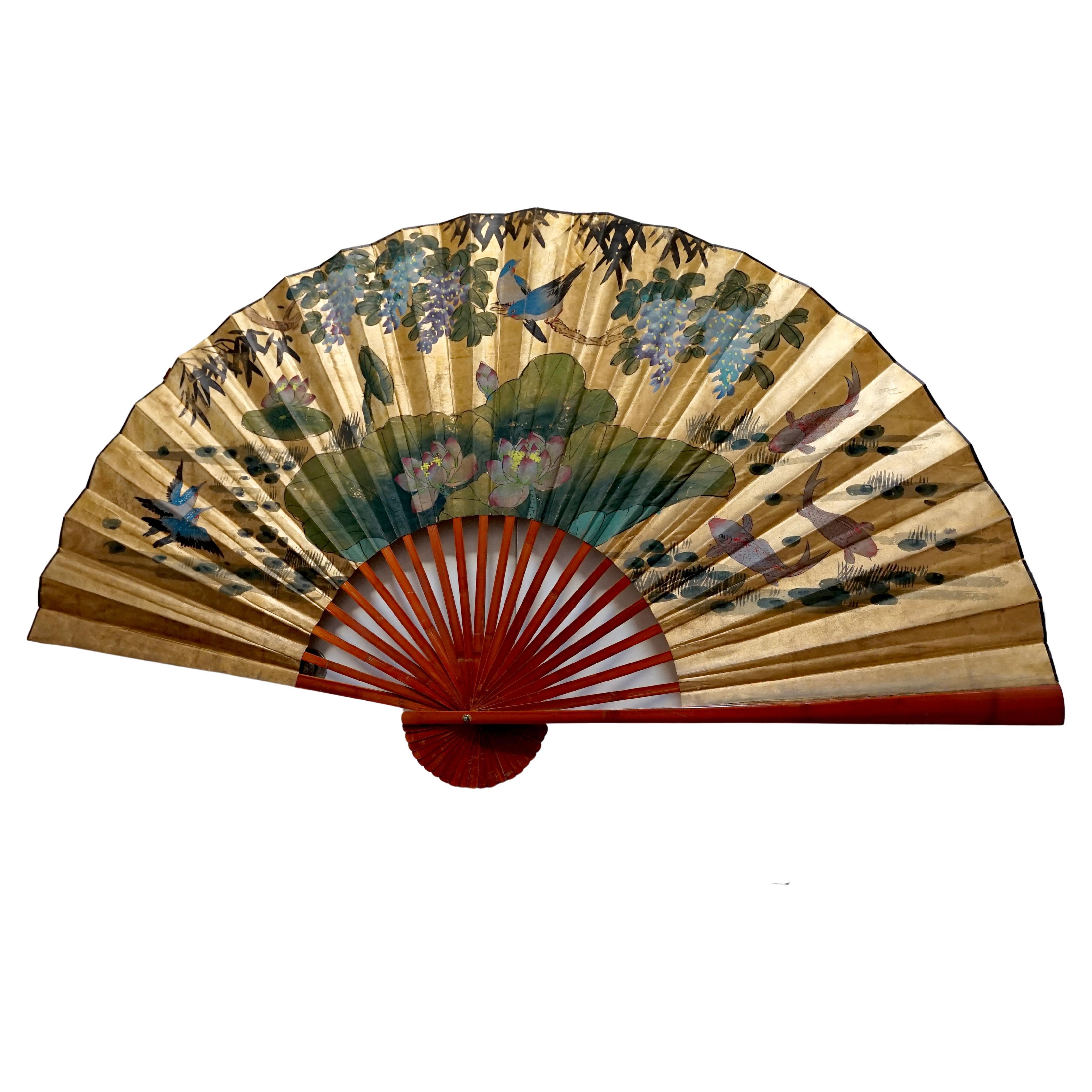 Gilt Chinese Hand Painted Folded Fan For Sale