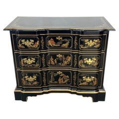 Gilt Chinoiserie Black Lacquer Serpentine Chest Dresser by Drexel Et Cetera