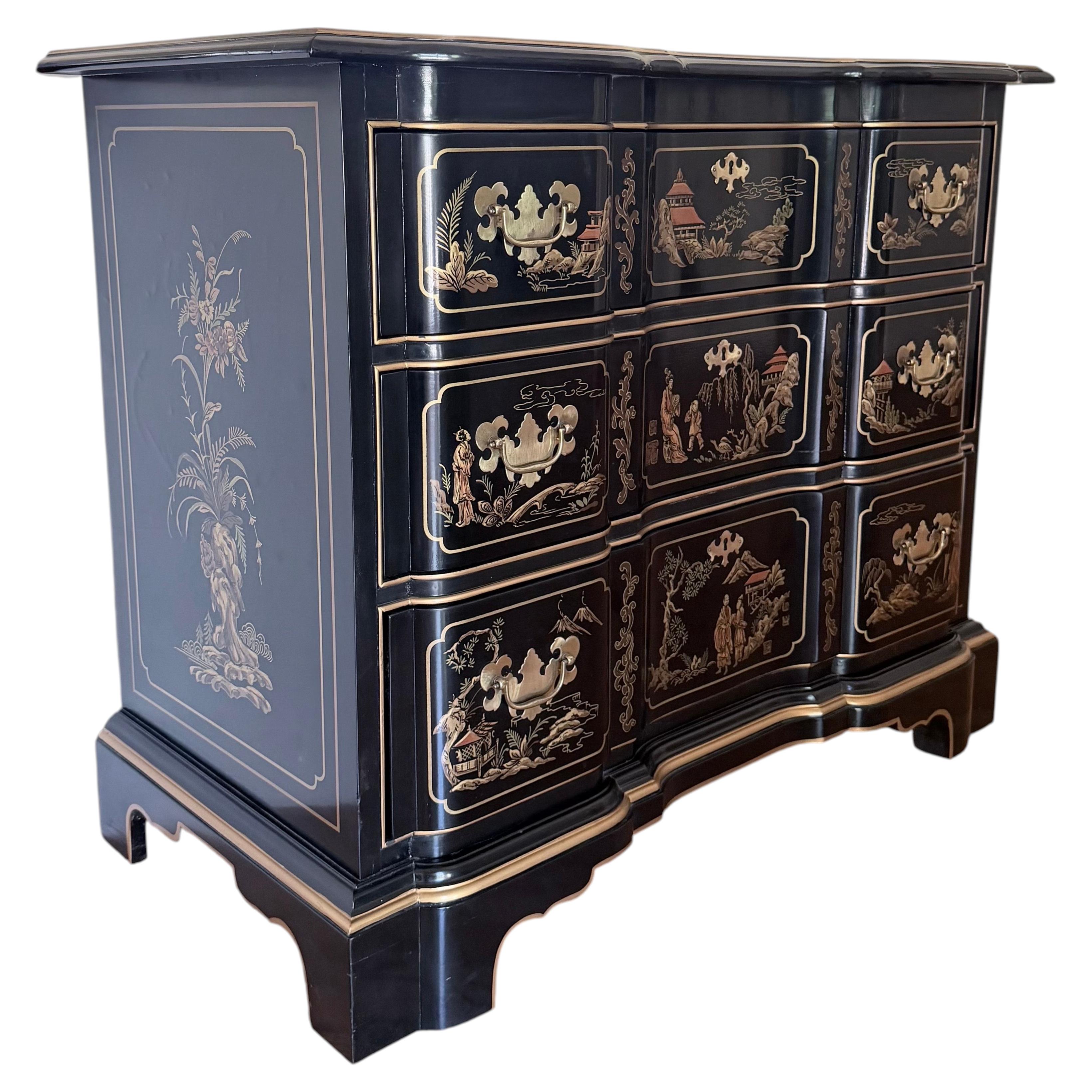 Gilt Chinoiserie Black Lacquer Serpentine Chest Dresser by Drexel Et Cetera