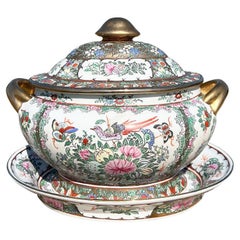 Gilt Chinoiserie Pink Famille Rose Oval Ceramic Tureen with Lid and Underplate 