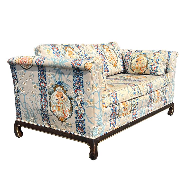 A fabulous Chinoiserie sofa in Broyhill fabric by the Lenoir Chair Company. This sofa will make a statement in any room. It is upholstered in a stunning chinoiserie fabric from top to bottom. It features double cushions with back cushions and