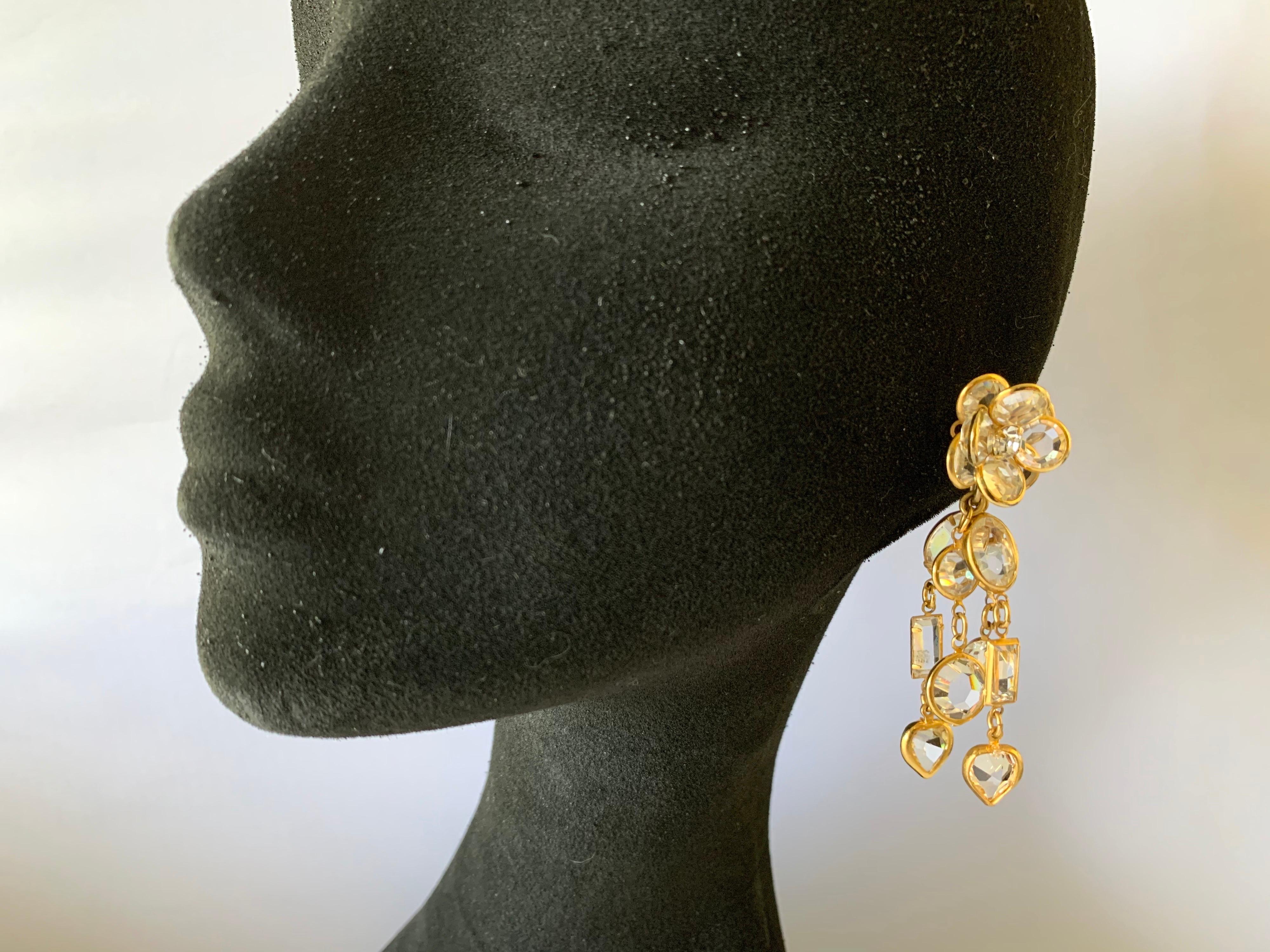 Gilt Clear Crystal Flower Diamante Statement Earrings  In Excellent Condition In Palm Springs, CA