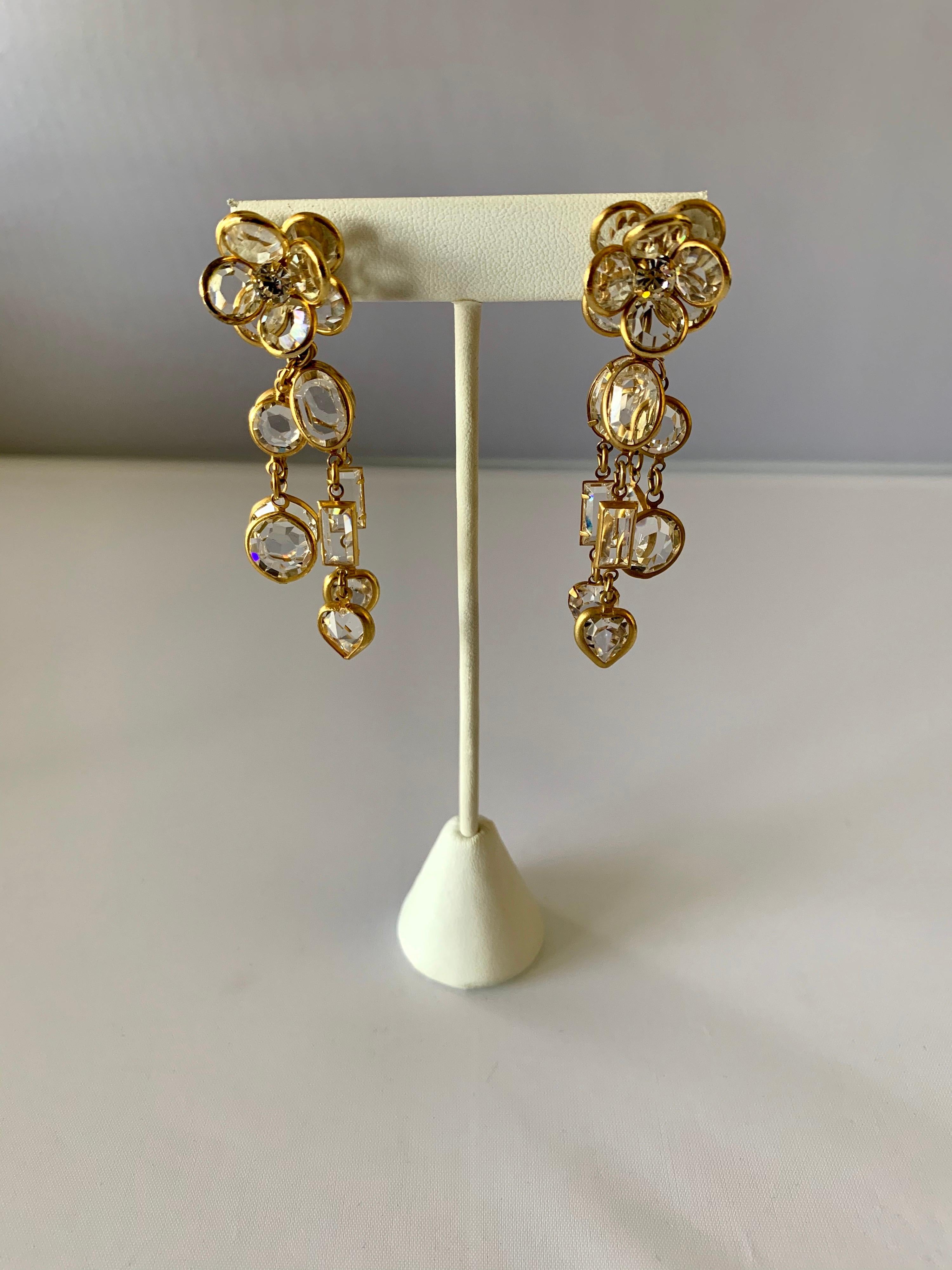 Women's Gilt Clear Crystal Flower Diamante Statement Earrings 