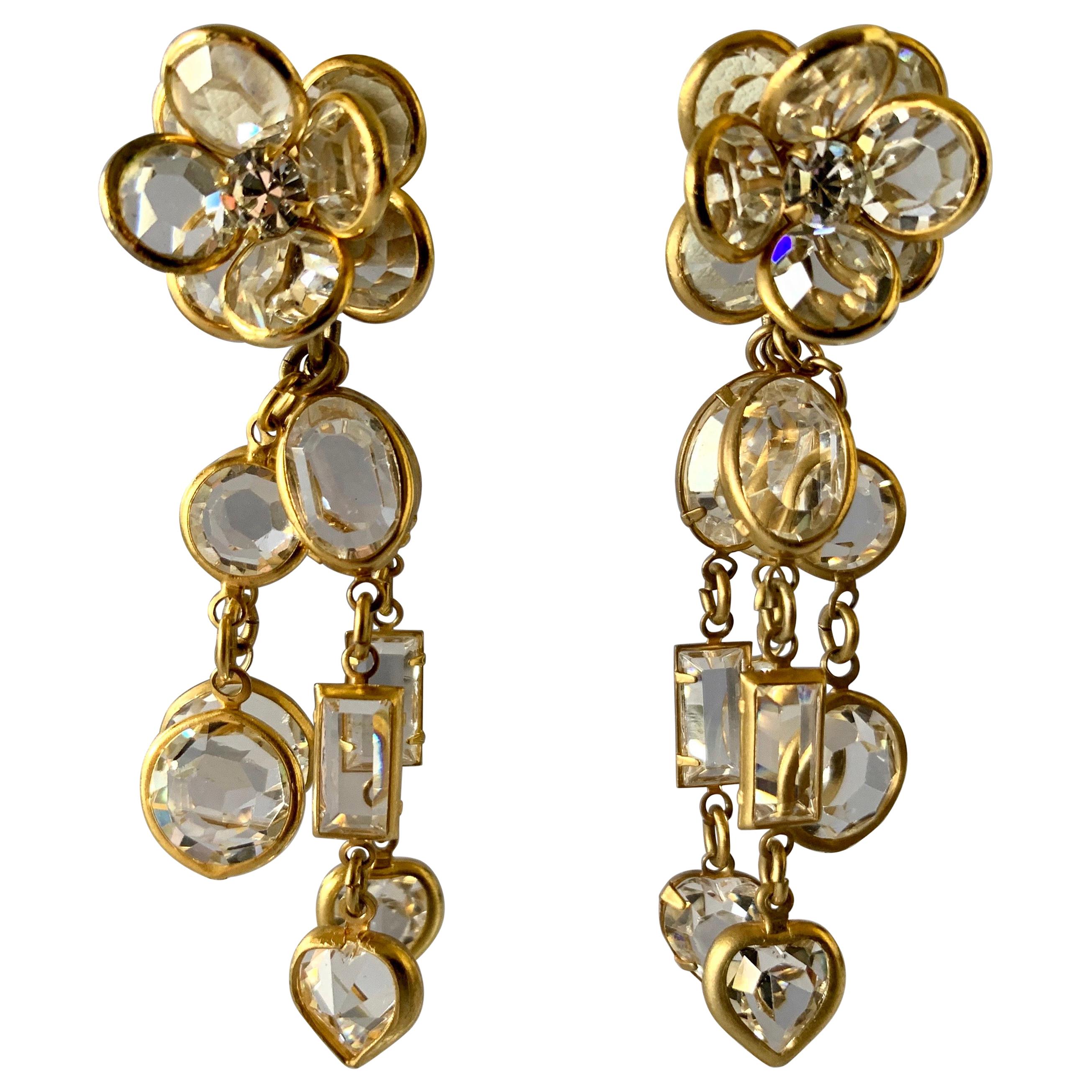 Gilt Clear Crystal Flower Diamante Statement Earrings 